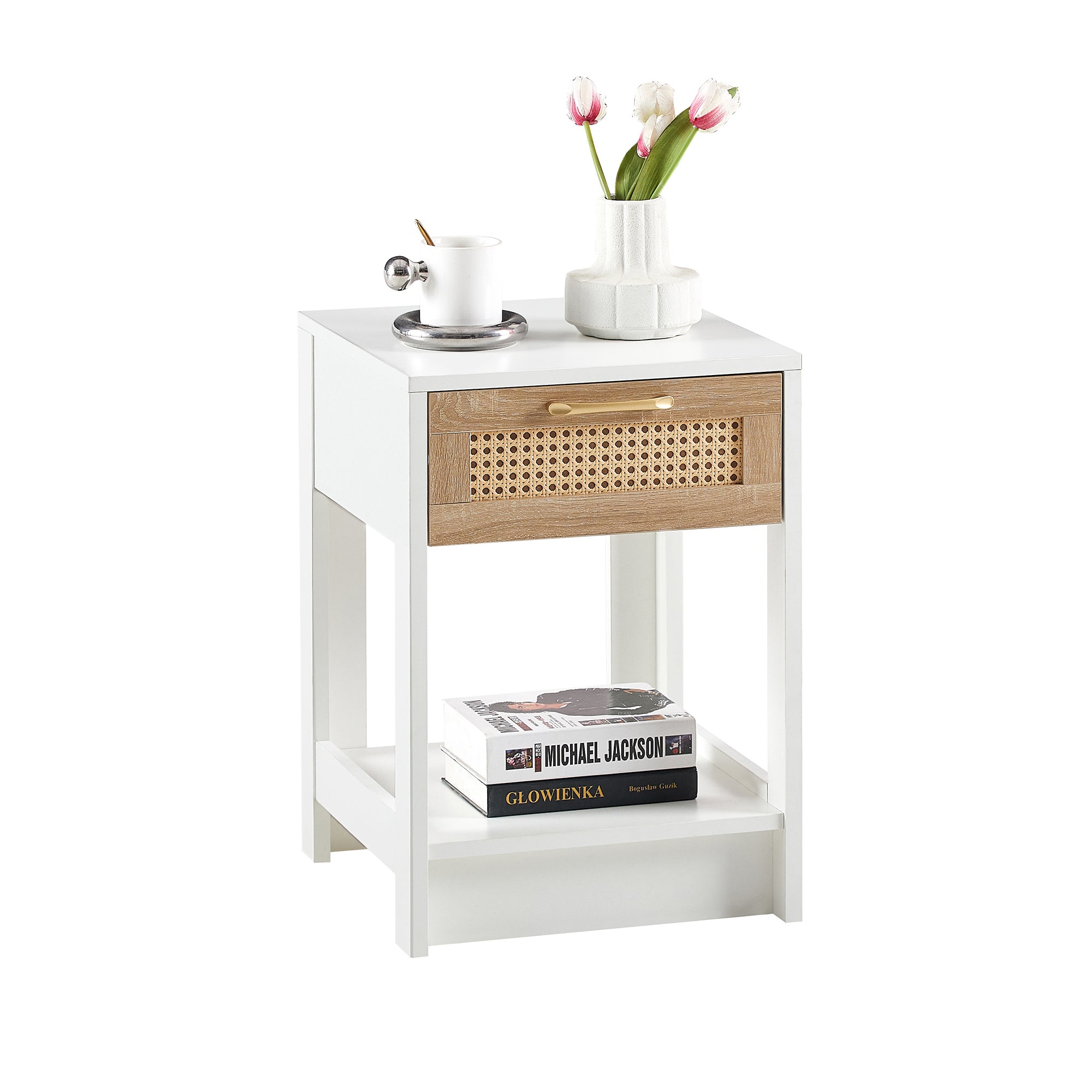Modern Rattan End Table with Drawer, White MDF and Rattan, 15.75' Square - Grand Goldman Shop