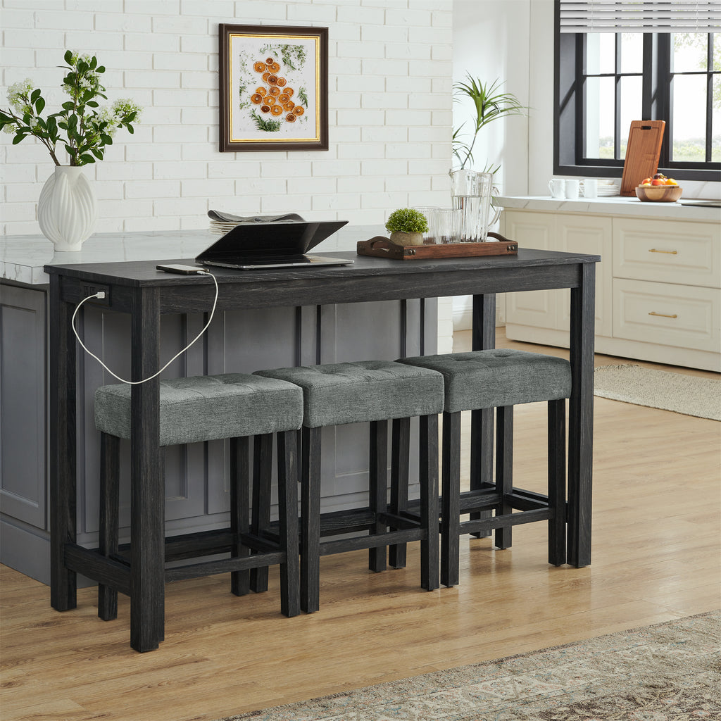 59 Inch Bar Table, Dining Table, Sofa Table with Power Outlet, 3 Upholstered Stools, 4 Piece Bar Table and Chair Set for Living Room, Dining Room, Kitchen - Grand Goldman Shop