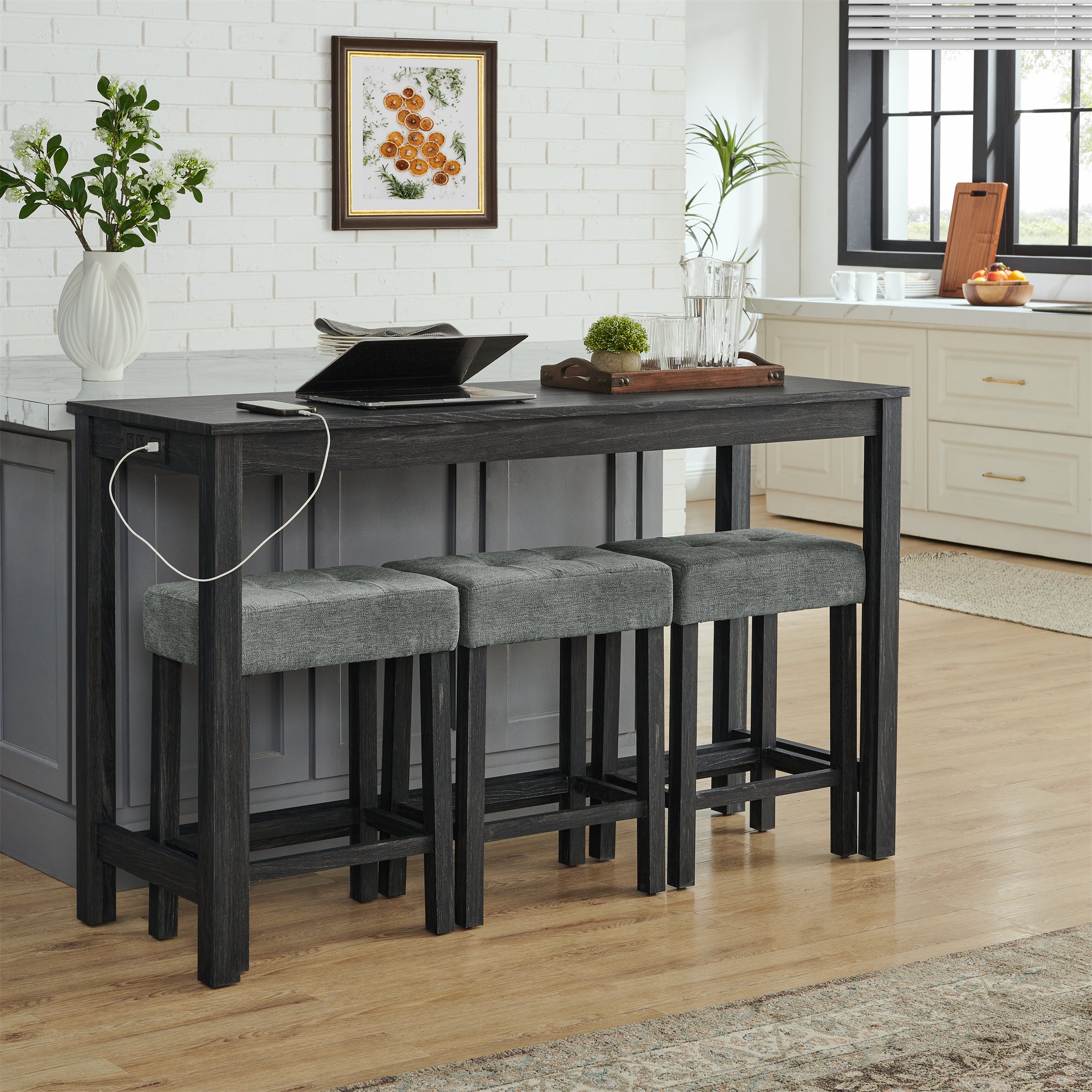 59 Inch Bar Table, Dining Table, Sofa Table with Power Outlet, 3 Upholstered Stools, 4 Piece Bar Table and Chair Set for Living Room, Dining Room, Kitchen - Grand Goldman Shop