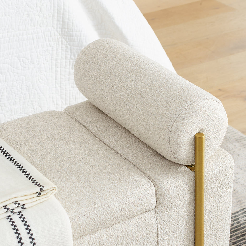 Elegant Upholstered Linen Storage Bench with Cylindrical Arms and Iron Legs, Beige - Grand Goldman Shop