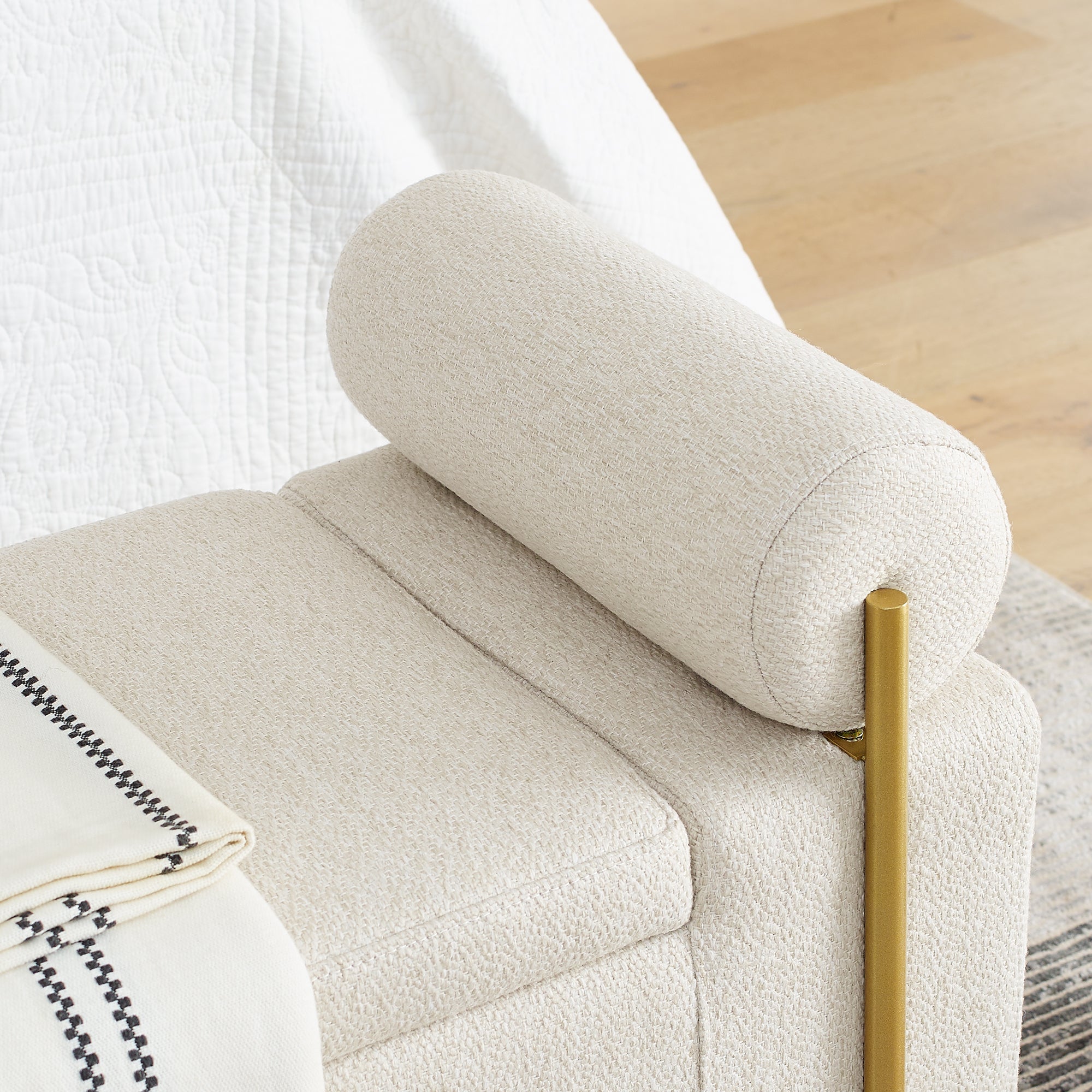 Elegant Upholstered Linen Storage Bench with Cylindrical Arms and Iron Legs, Beige - Grand Goldman Shop