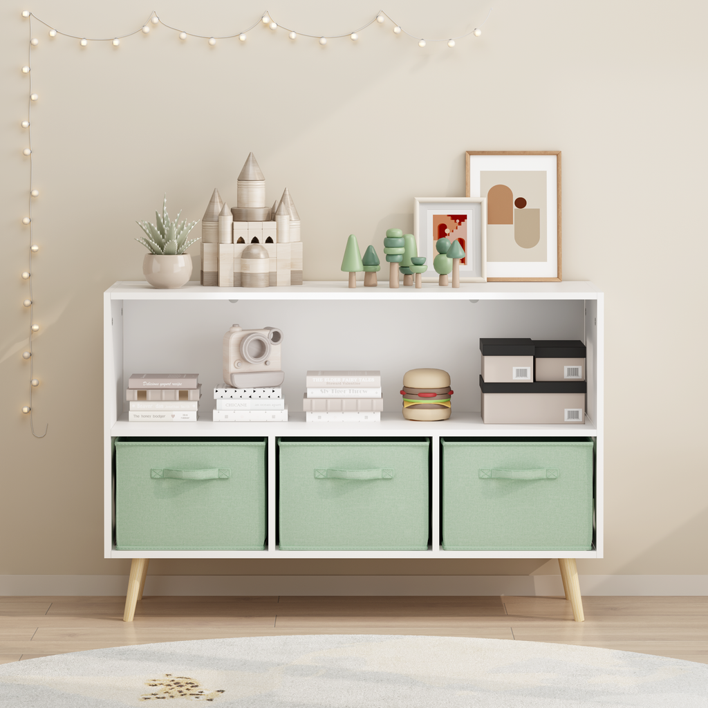 Kids bookcase with Collapsible Fabric Drawers, Children's Book Display, Toy Storage Cabinet Organizer, White/Green | Premium 