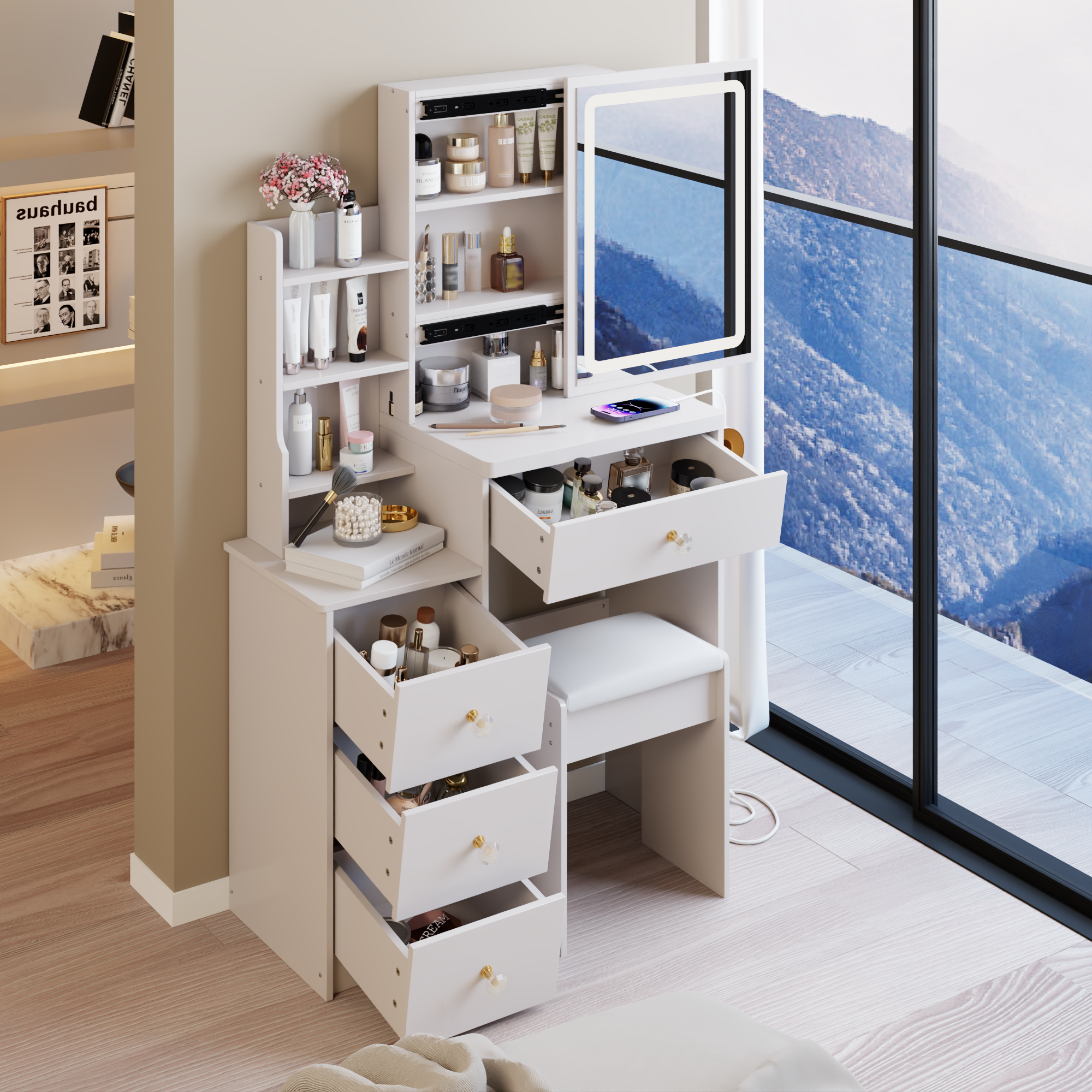 29.2' Small Size Bedside Cabinet Vanity Table + Cushioned Stool, 2 AC+2 USB Power Station, Hair dryer bracket, Extra Large Touch Control Sliding LED Mirror, 3-color Switching, EPA, GCC, UL Certificate - Grand Goldman Shop