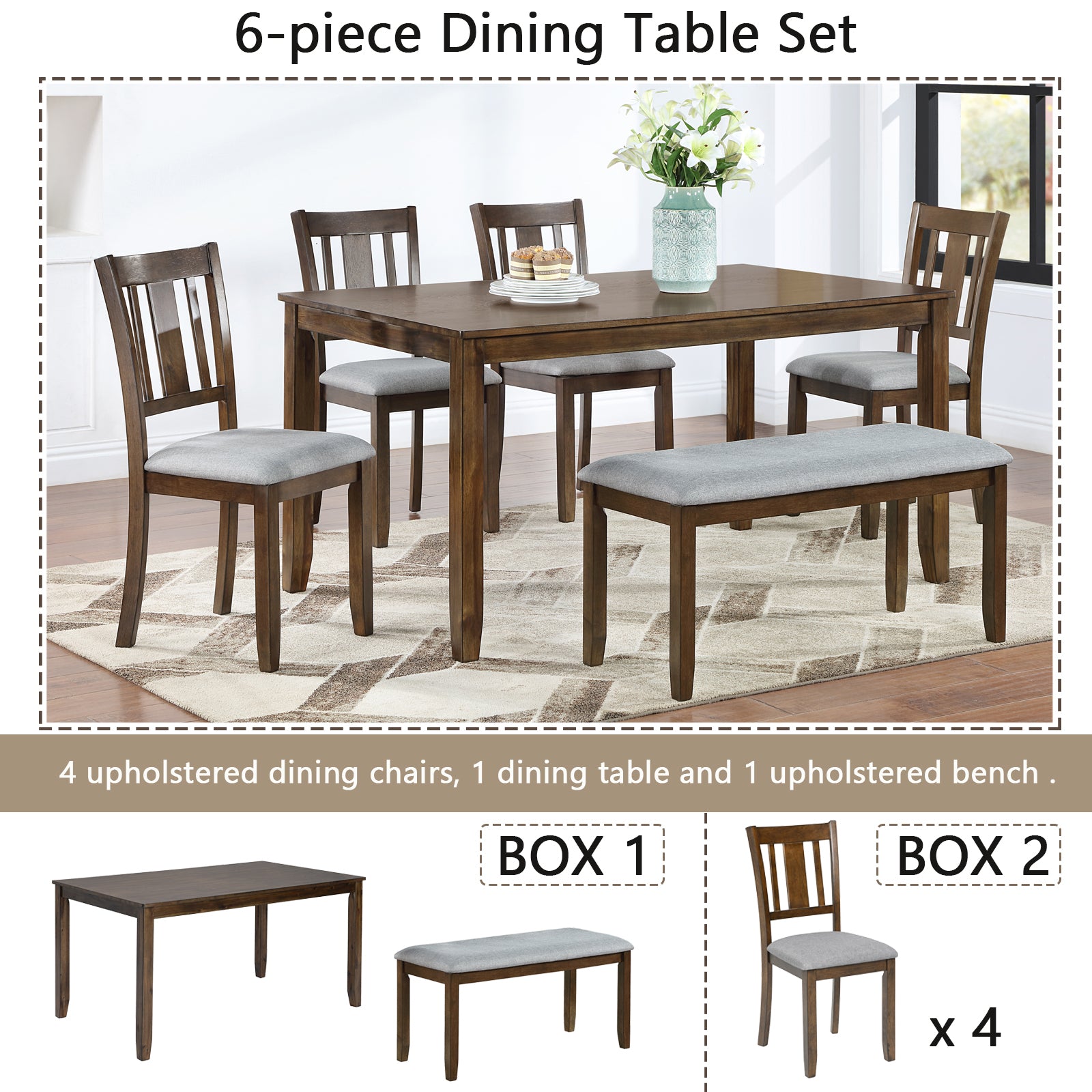 6PCs Kitchen Dining Set, Rectangular Wooden Dining Table with 4 Upholstered Chairs and a Bench, Dining Table Set for 6 People, Living Room, Home Bar and Kitchen, Walnut - Grand Goldman Shop