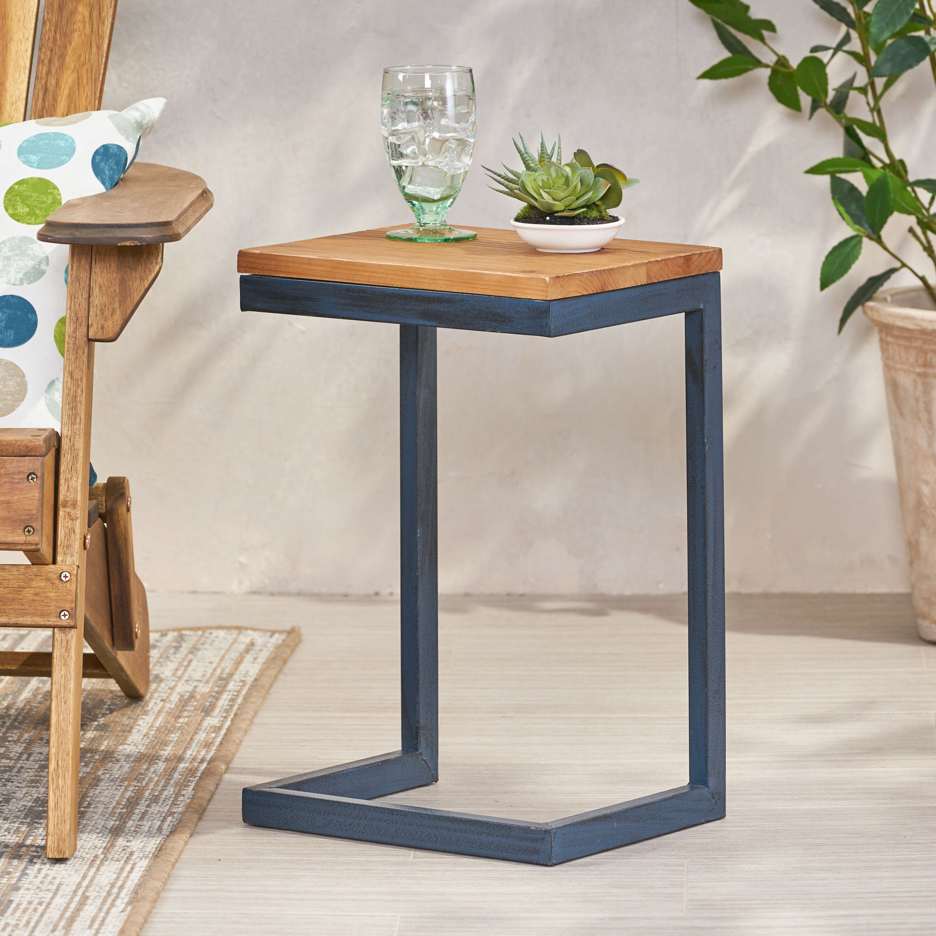 Small C-shaped End Table with Iron Base and Fir Wood Top, Black - Grand Goldman Shop