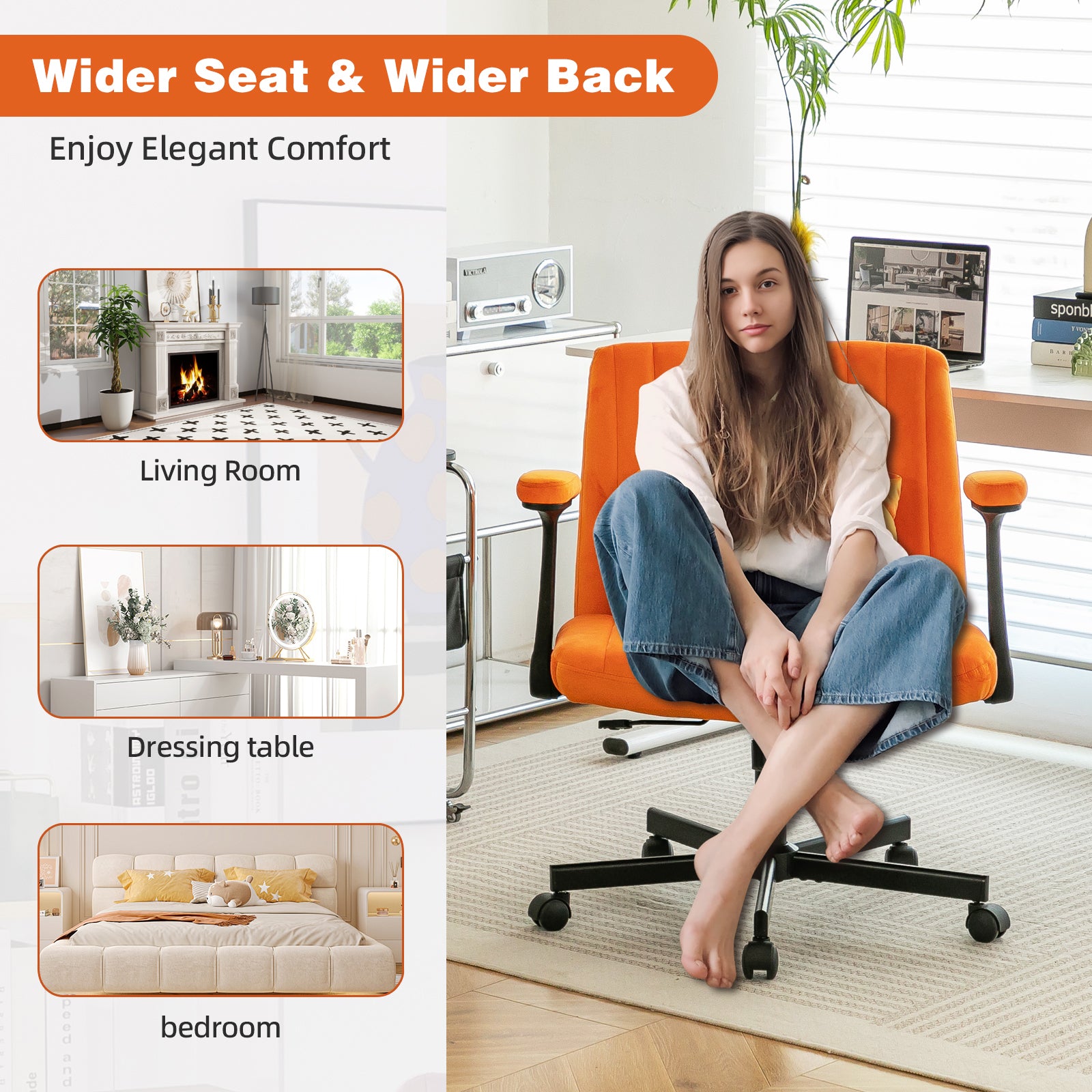 Orange Velvet Criss Cross Armrest Office Chair with Wheels - Stylish for Home Office, Gaming & Makeup | Premium Home Decor - 
