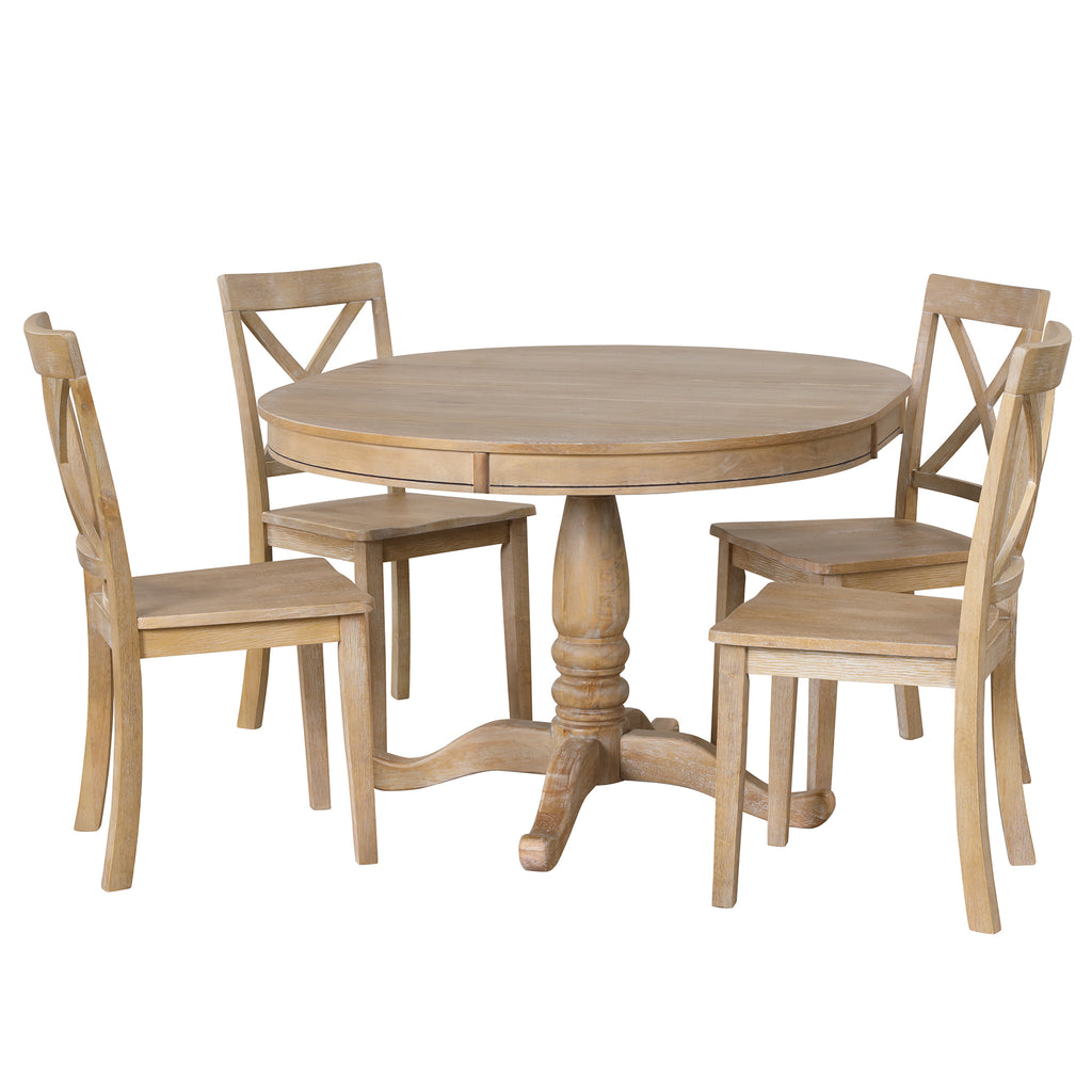 Modern Natural Wood Wash Dining Table Set for 4 with Round Table and Chairs, Solid Wood and MDF - Grand Goldman Shop