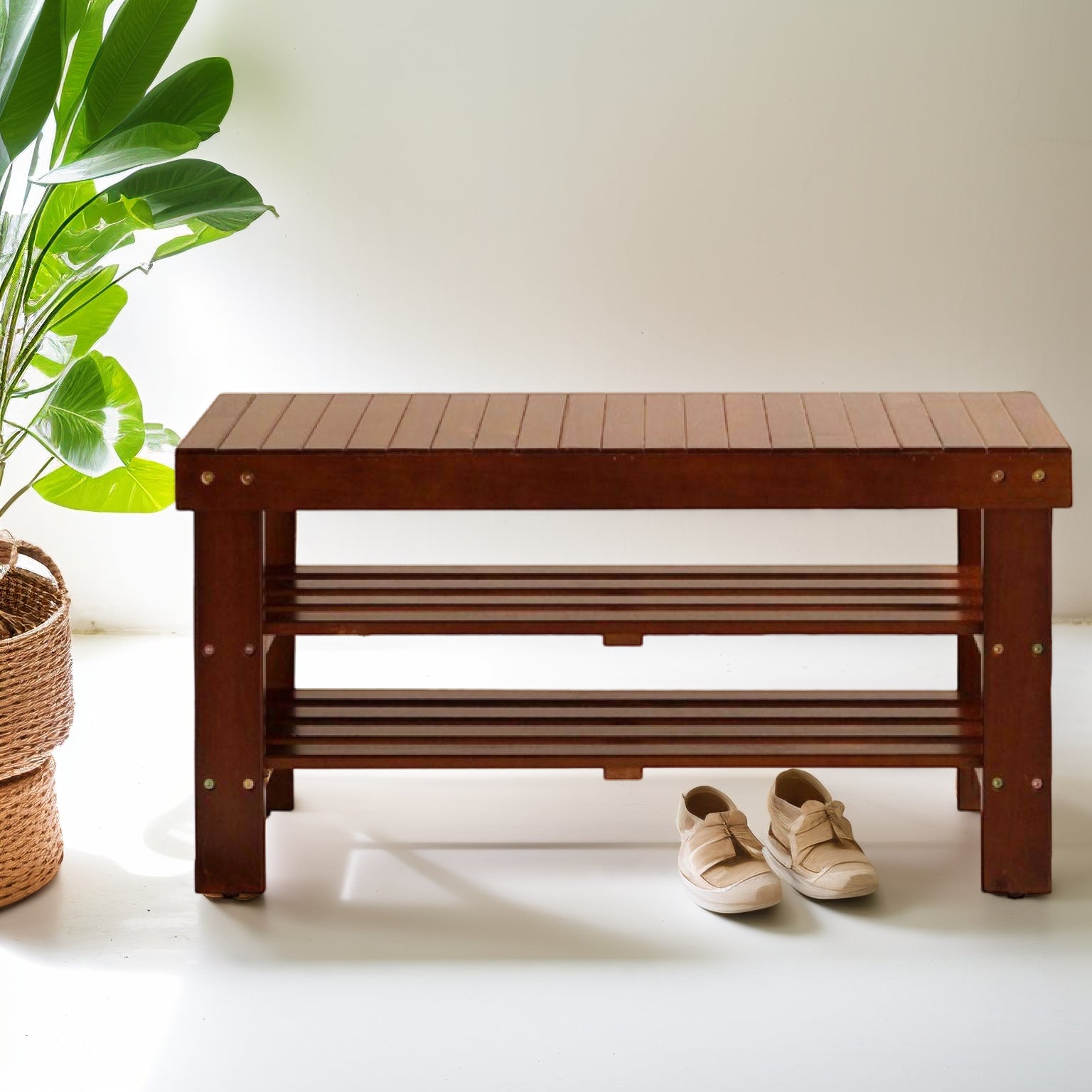 Pina Quality Solid Wood Shoe Bench, Cherry Finish - Grand Goldman Shop