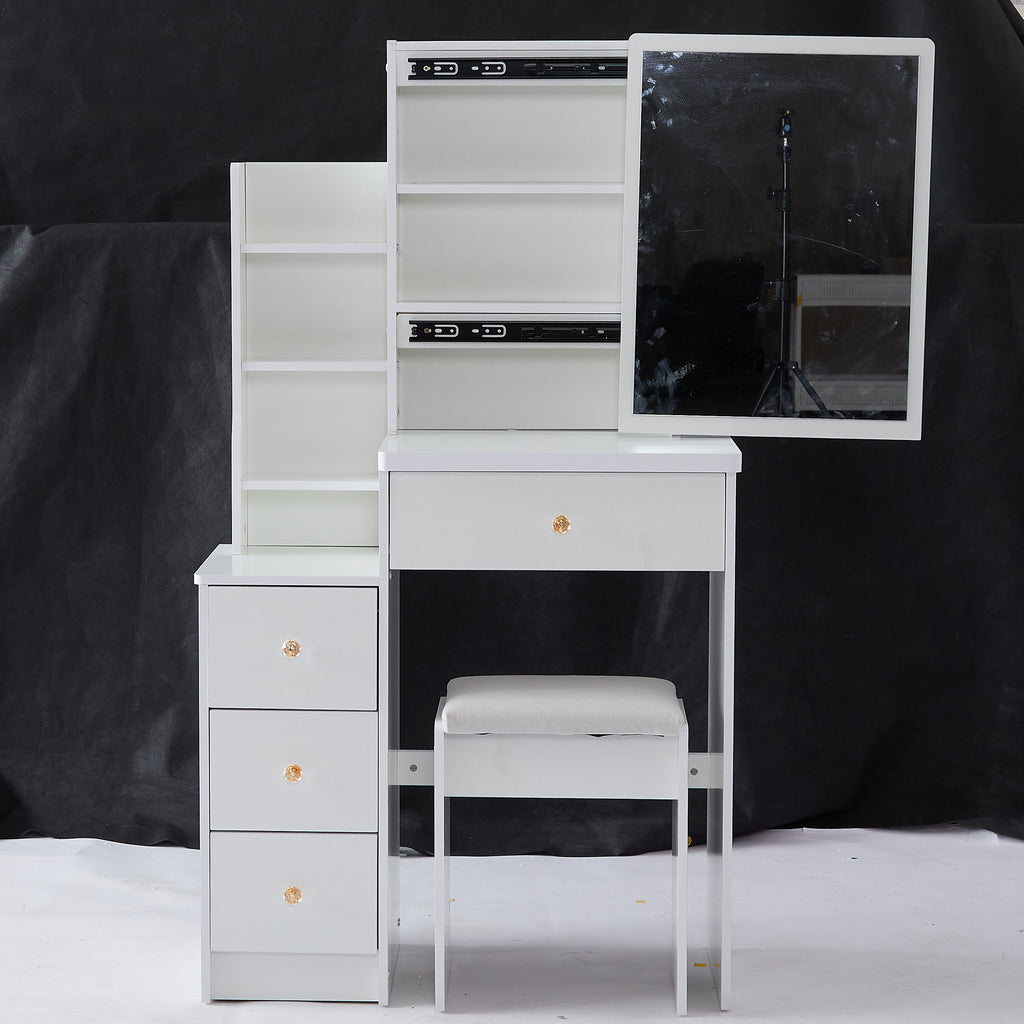 29.2' Small Space Left Bedside Cabinet Vanity Table + Cushioned Stool, Extra Large Right sliding mirror, Multi Layer High Capacity Storage, Practical Fashionable Dresser, EPA, GCC, UL Certificate - Grand Goldman Shop