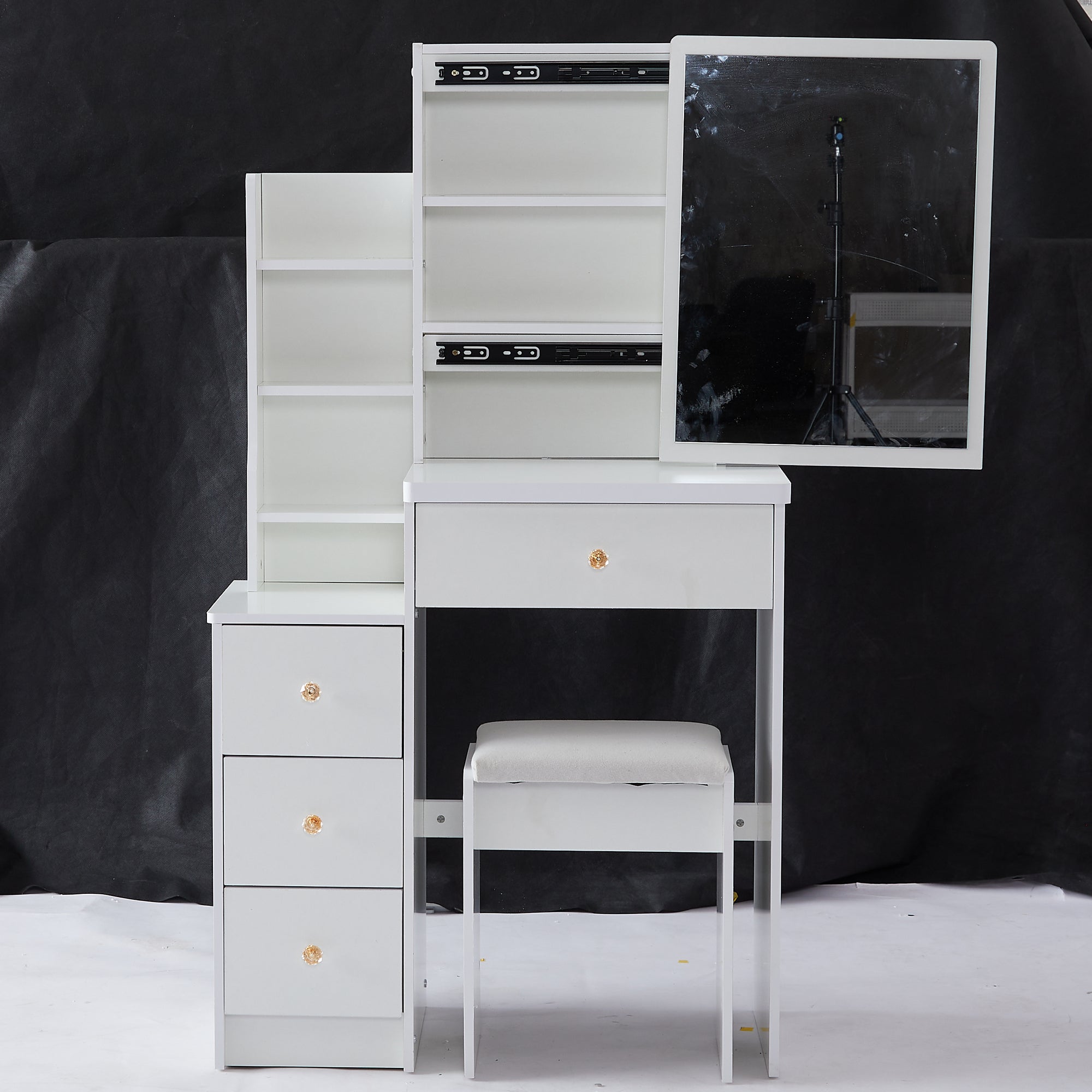 29.2' Small Space Left Bedside Cabinet Vanity Table + Cushioned Stool, Extra Large Right sliding mirror, Multi Layer High Capacity Storage, Practical Fashionable Dresser, EPA, GCC, UL Certificate - Grand Goldman Shop