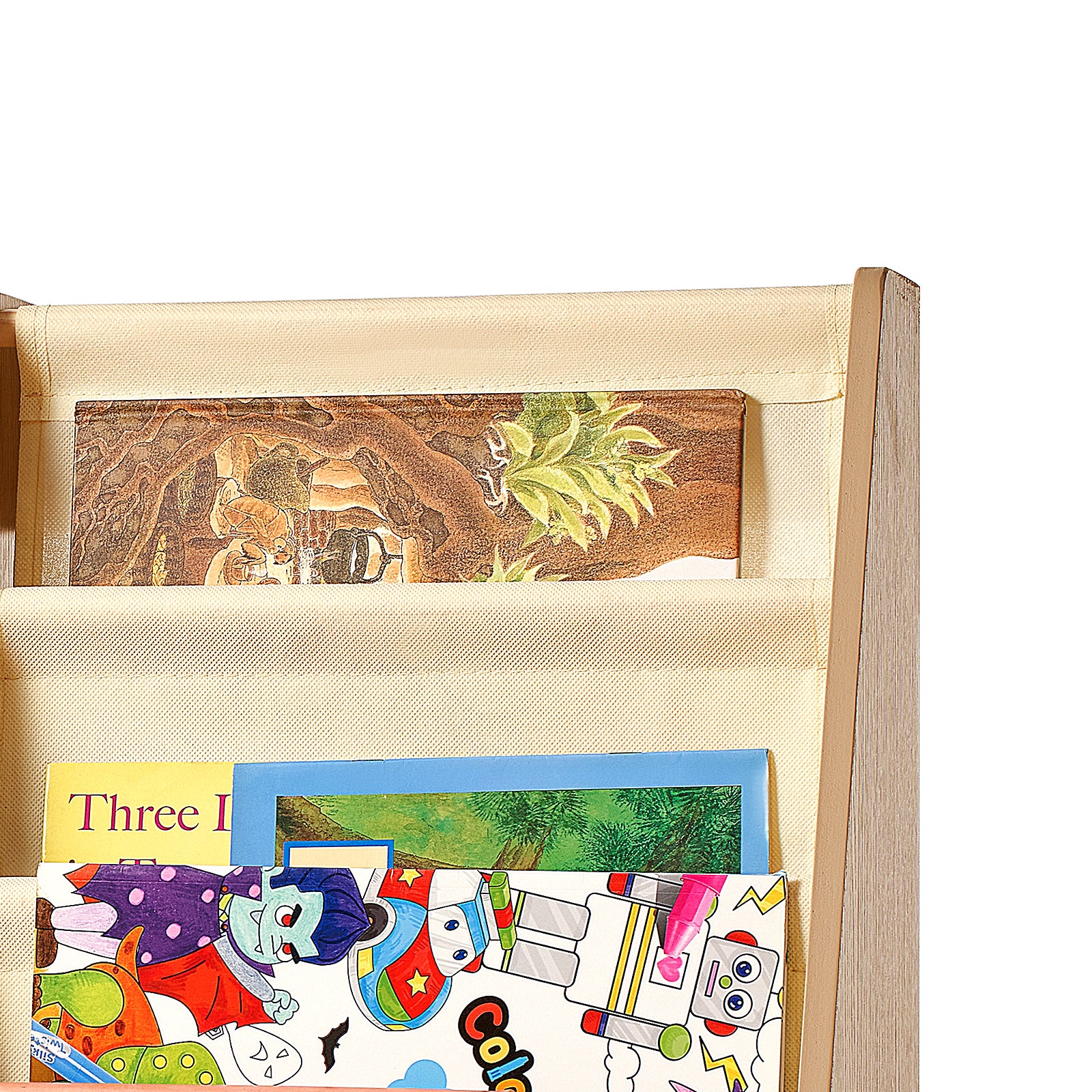 Wooden Kids Bookshelf 4-Tier, Toy Storage Organizer for Toddler, Book Shelf for Kids Rooms with 6-Layer Sling Book Rack, Baby