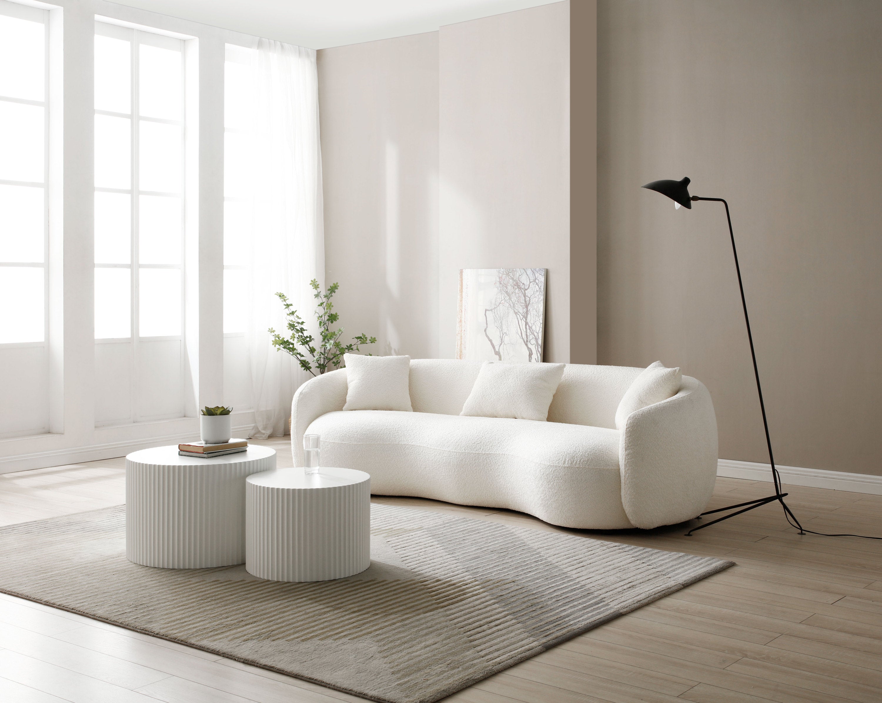 Mid Century Modern Curved Living Room Sofa, 4-Seat Boucle Fabric Couch for Bedroom, Office, Apartment, off white(beige and white) - Grand Goldman Shop