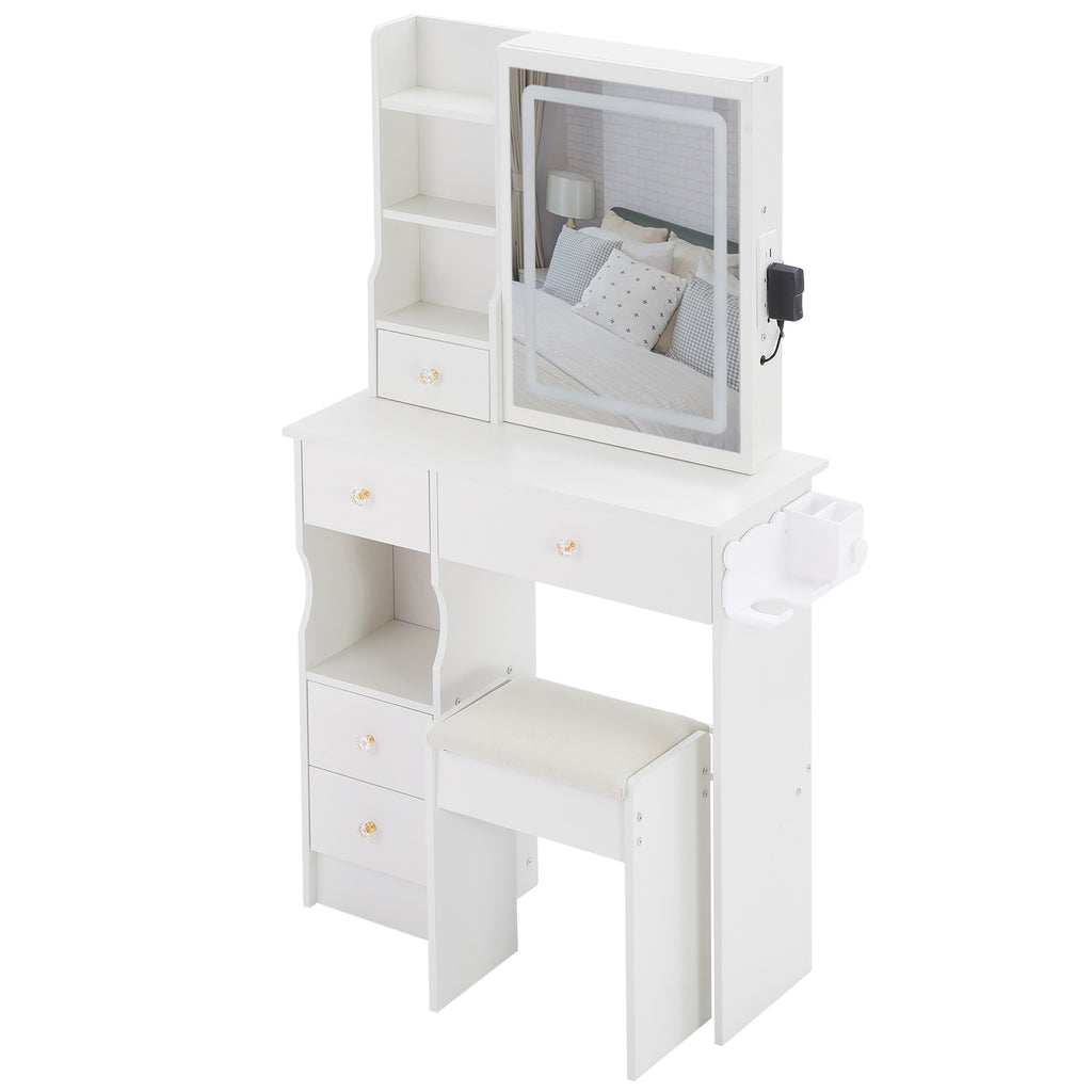 29.2' Small Size Drawer Desktop Vanity Table + Cushioned Stool, 2 AC+2 USB Power Station, Hair dryer bracket, Extra Large Touch Control Sliding LED Mirror, 3-color Switching, EPA, GCC, UL Certificate - Grand Goldman Shop