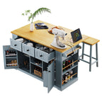 K&K 53inch Large Kitchen Island with 2 Bar Stools,Power Outlet,Door Internal Storage Rack,Kitchen Storage Cart on 5 Wheels with Drop Leaf,5 Open Side Racks,3 Drawers,Grey Blue (Three Packages) - Grand Goldman Shop