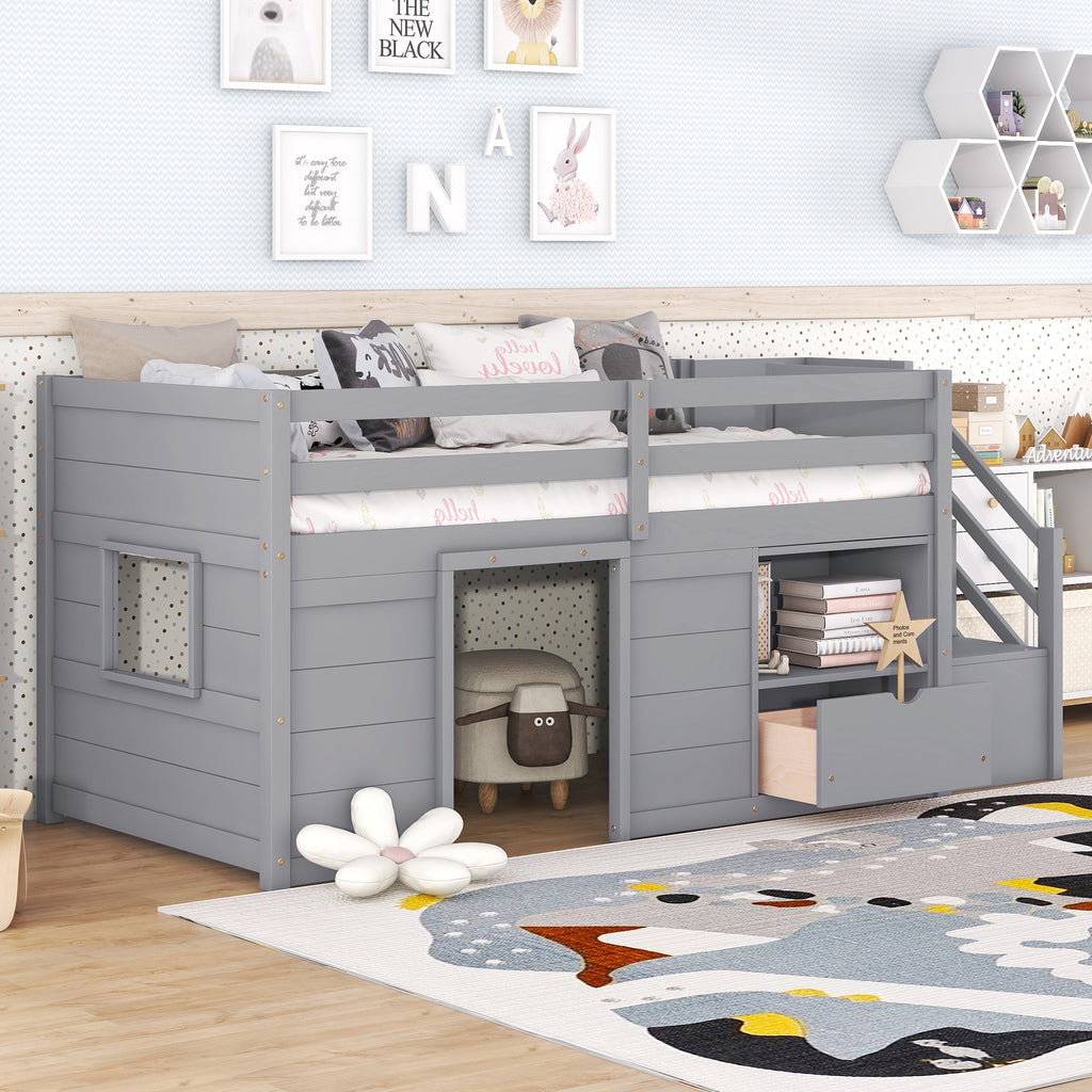 Solid Pine Wood Twin Low Loft Bed with Stair, Drawer, and Shelf in Grey Finish - Grand Goldman Shop