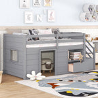 Solid Pine Wood Twin Low Loft Bed with Stair, Drawer, and Shelf in Grey Finish - Grand Goldman Shop