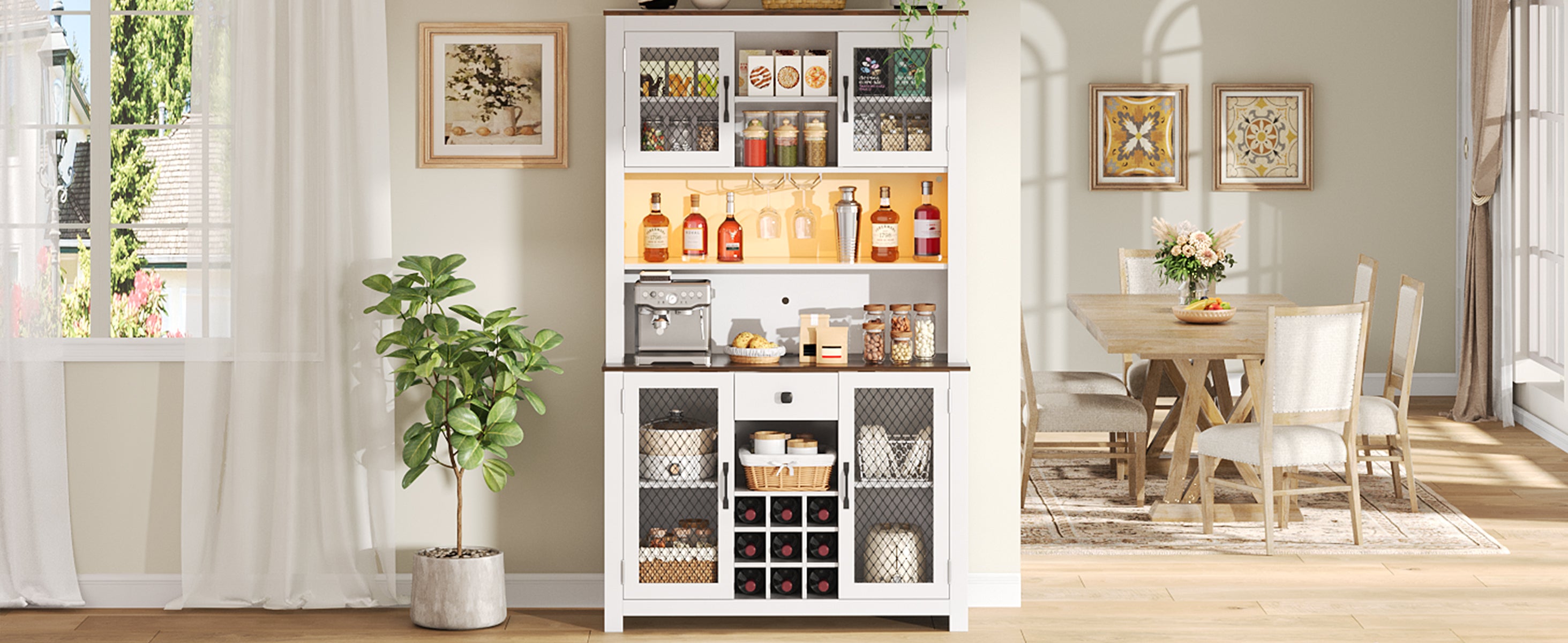70.9' Kitchen Pantry Storage Cabinet Rustic Buffet Cabinet, Kitchen Hutch Cabinet with LED Outlets Food Pantry Cabinet with Doors and Shelves Wine Rack for Dining Room, White - Grand Goldman Shop