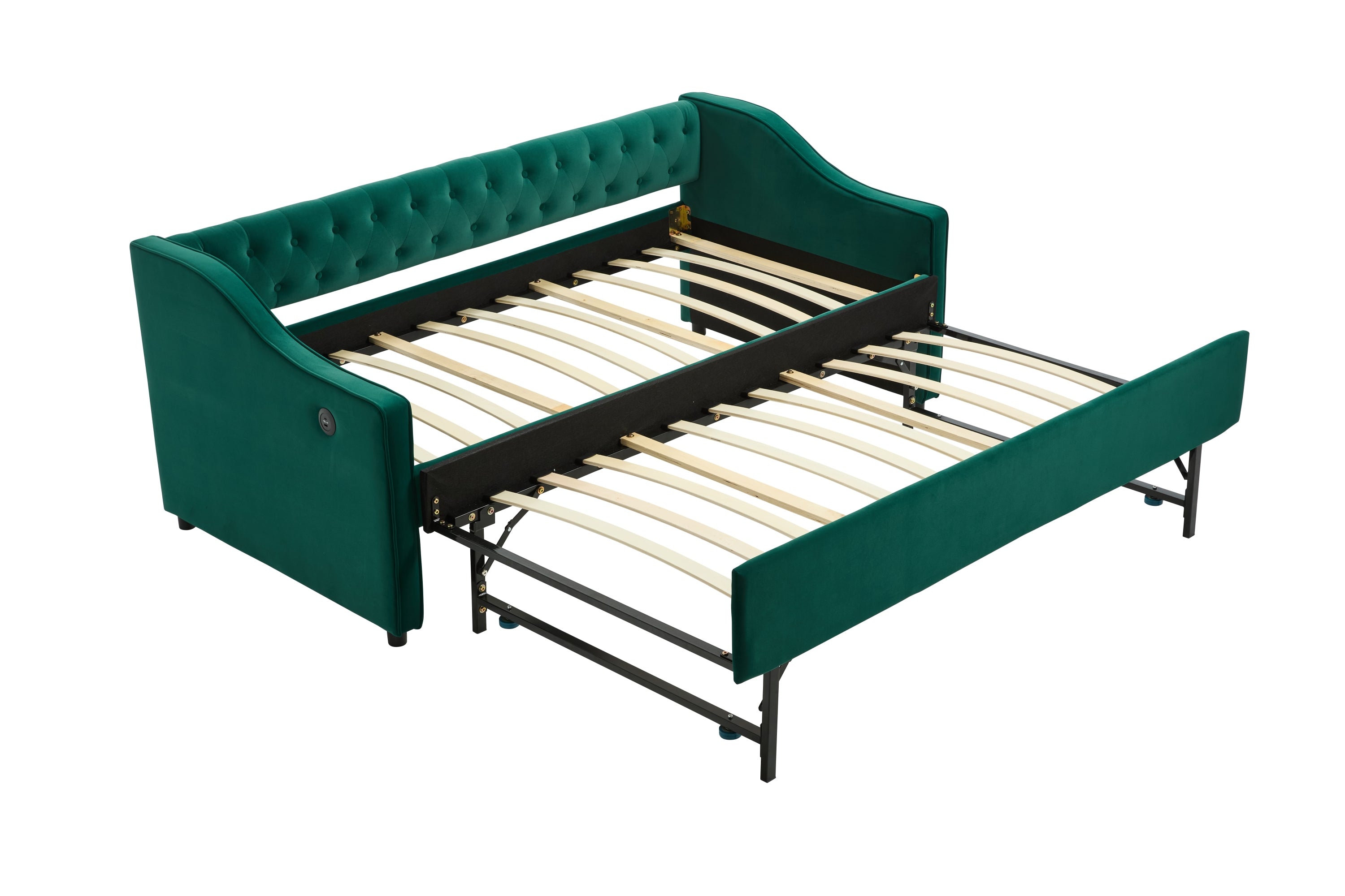 Twin Size Upholstered Daybed with Trundle,USB Port ,Side Pockets,Velvet Daybed with Button on Back and Piping on Waved Shape Arms for Bedroom Guest Room - Grand Goldman Shop