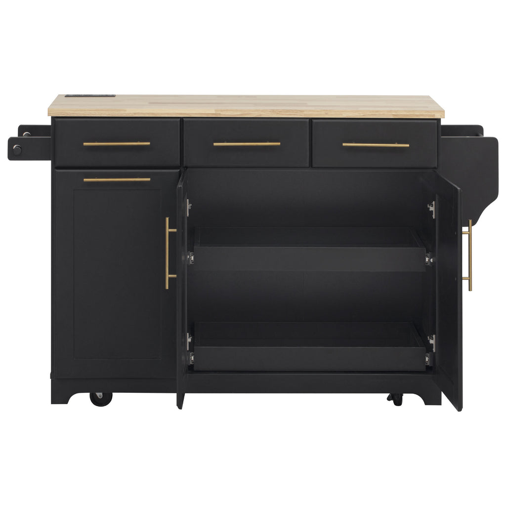 K&K 59.3' Kitchen Island with Storage 2 Pull Out Cabinet Organizers & Rubber Wood Drop Leaf, Rolling Kitchen Island with Trash Can Storage, Power Outlet, Spice & Towel Rack for Kitchen, Dining, Black - Grand Goldman Shop