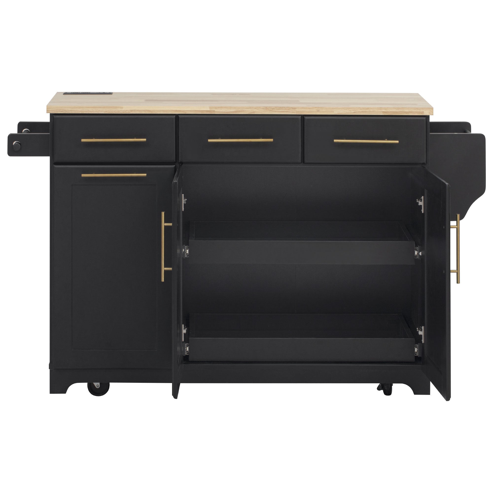 K&K 59.3' Kitchen Island with Storage 2 Pull Out Cabinet Organizers & Rubber Wood Drop Leaf, Rolling Kitchen Island with Trash Can Storage, Power Outlet, Spice & Towel Rack for Kitchen, Dining, Black - Grand Goldman Shop