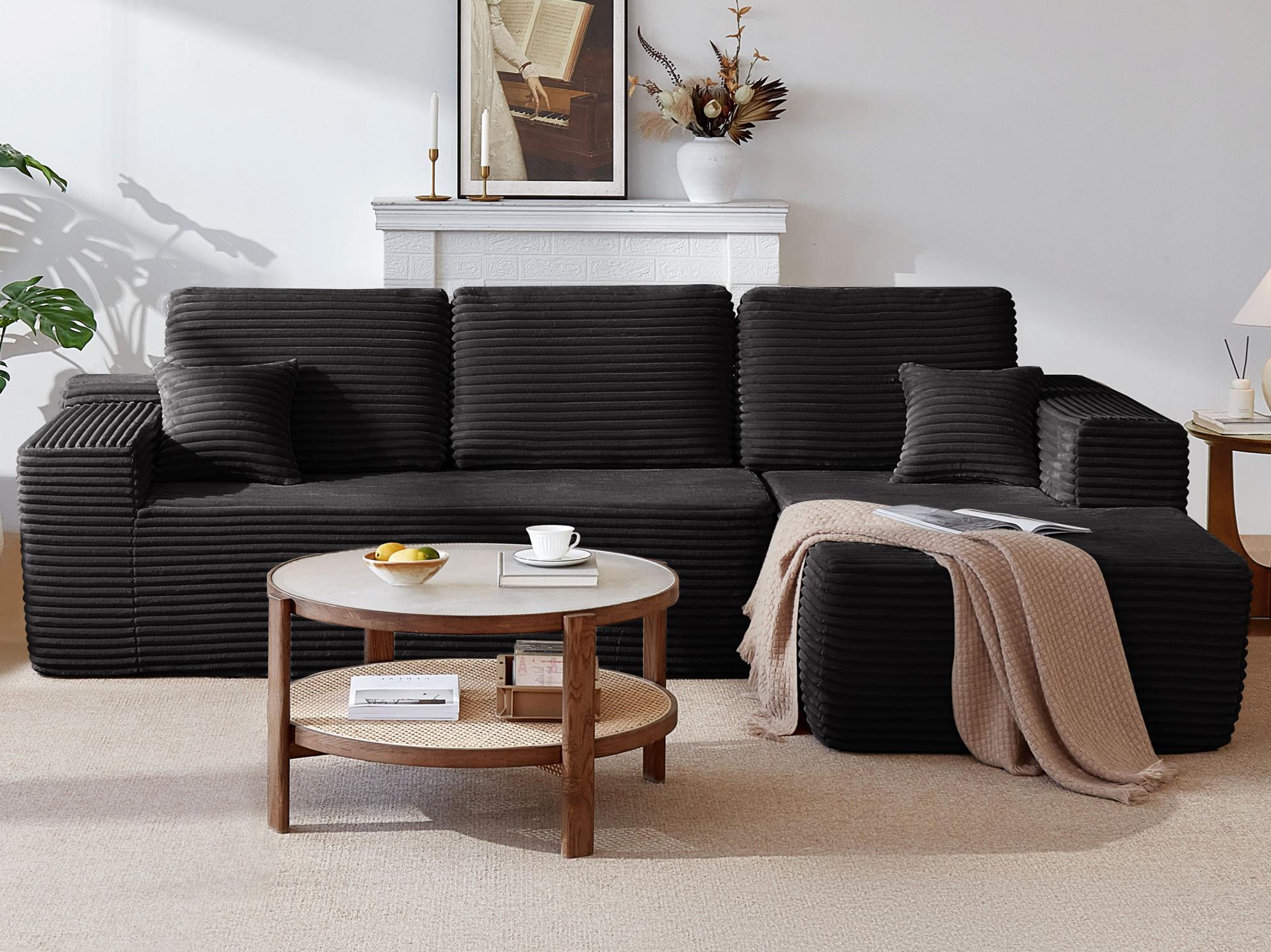 104' Cloud Sectional Sofa with L-Shape Chaise and Side Pockets , Modern Modular Design, Deep Seating, Upholstered Couch for Living Room/Bedroom, No Assembly Required (Plush Fabric), Black,Right - Grand Goldman Shop