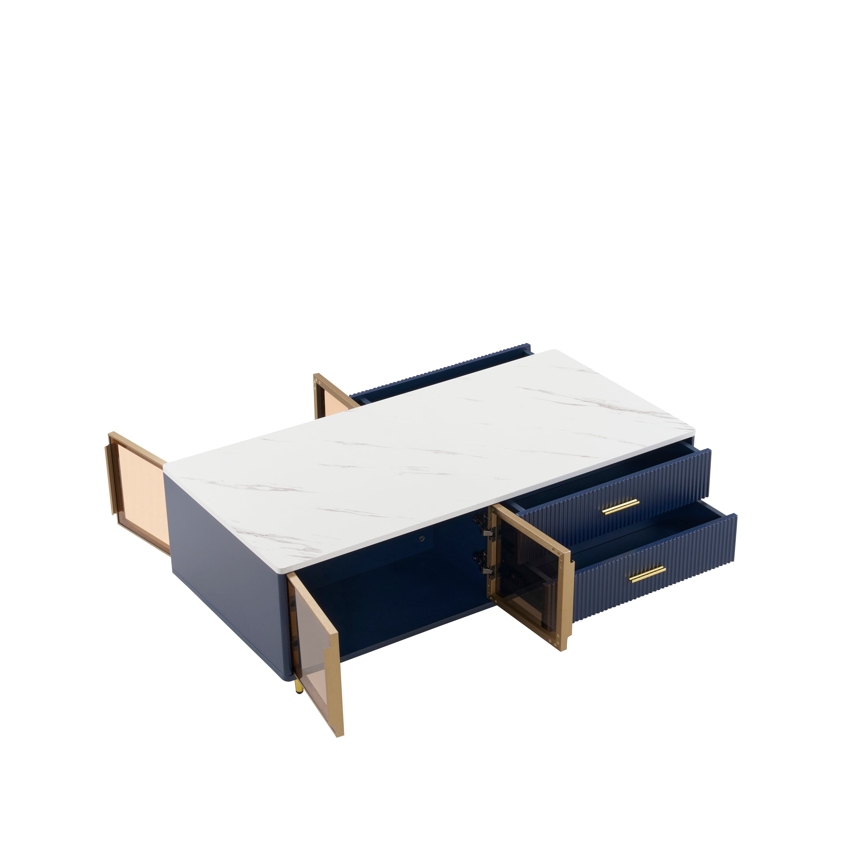 Modern Navy Blue Coffee Table with 2 Glass Door Storage, 4 Drawers, Gold Metal Legs, and Multi-Color Lighting in 47.2'' - Grand Goldman Shop