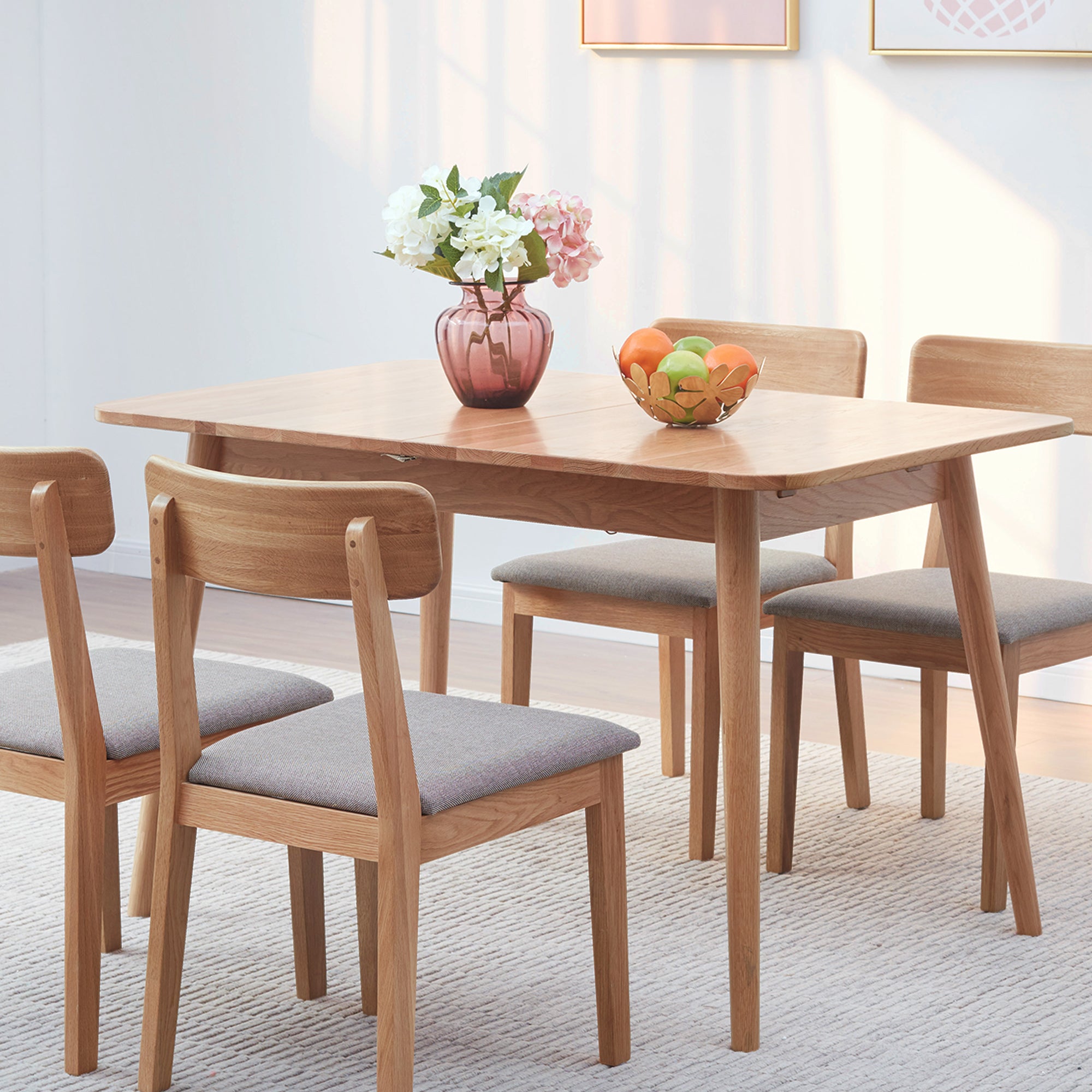 Natural Solid Oak Round Corner Diagonal Leg Telescopic Dining Table for 6-8 People, Light Oak, Solid Wood, 1.2-1.6m - Grand Goldman Shop