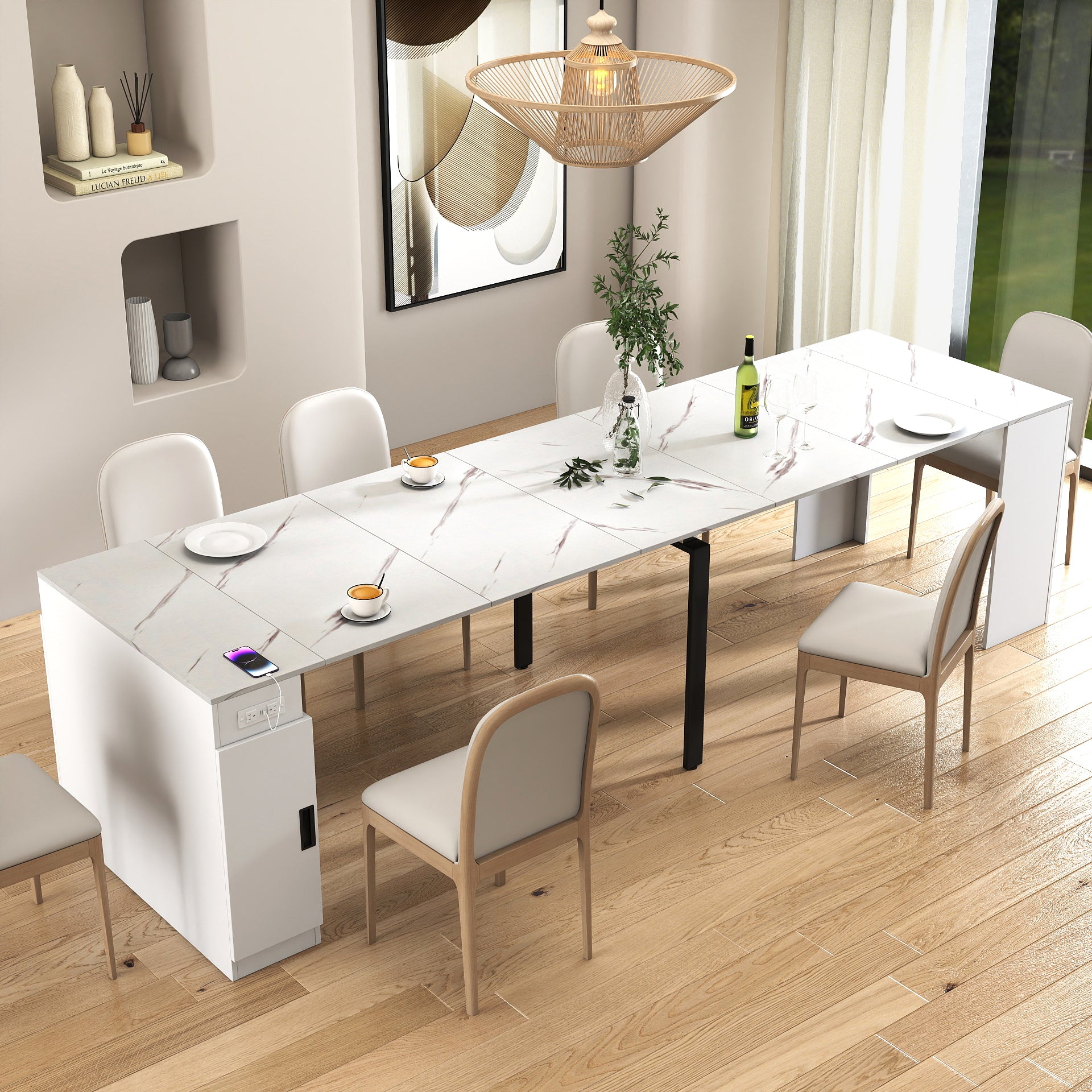 Modern Multifunctional Extendable Dining Table with Outlet, Space Saving Expanding Table with Storage for Party, Weddings, Meetings, Celebrations - Grand Goldman Shop