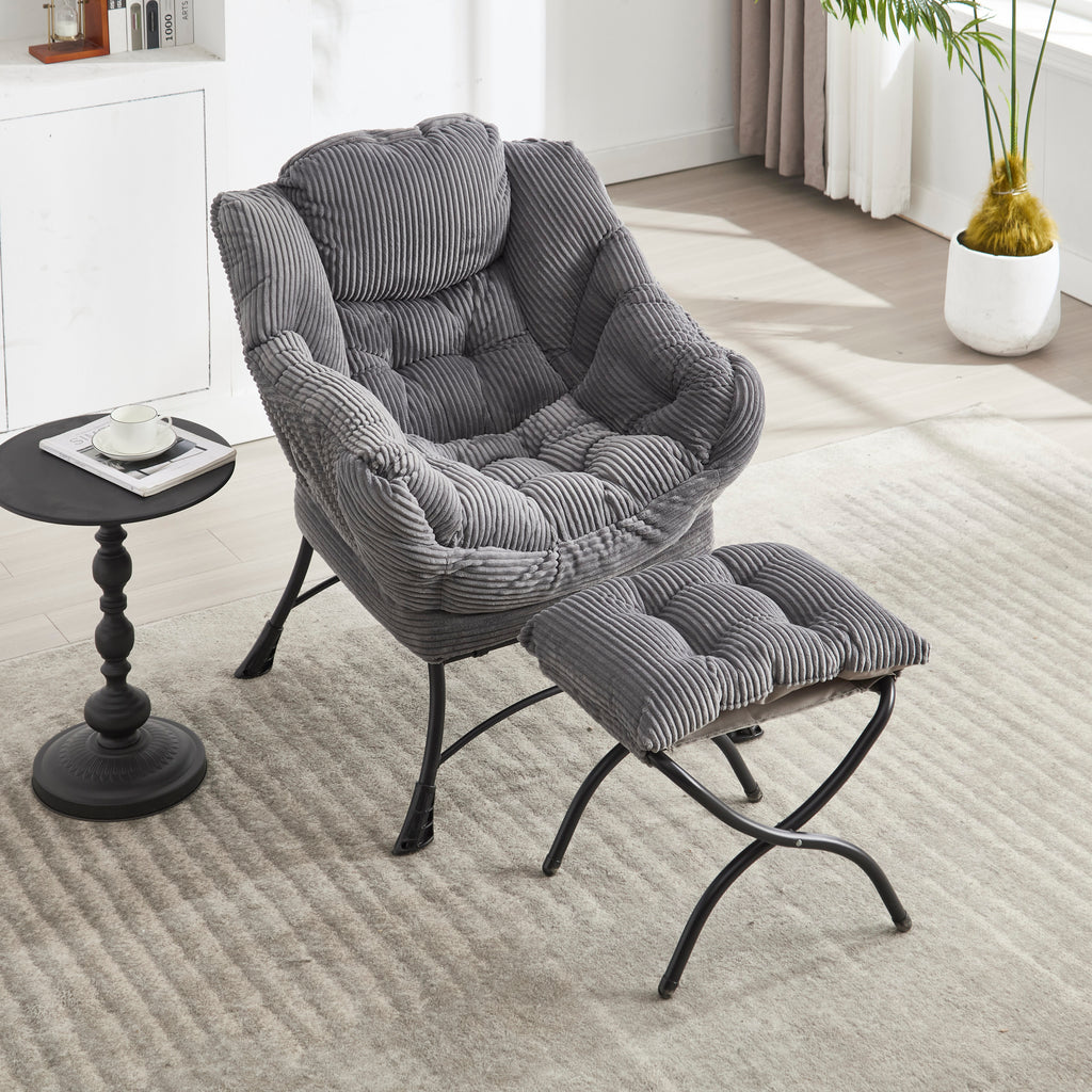 Lazy Chair with Ottoman, Modern Lounge Accent Chair with Armrests and a Side Pocket, Leisure Upholstered Sofa Chair Reading Chair with Footrest for Small Space, Corner Chair-Grey - Grand Goldman Shop
