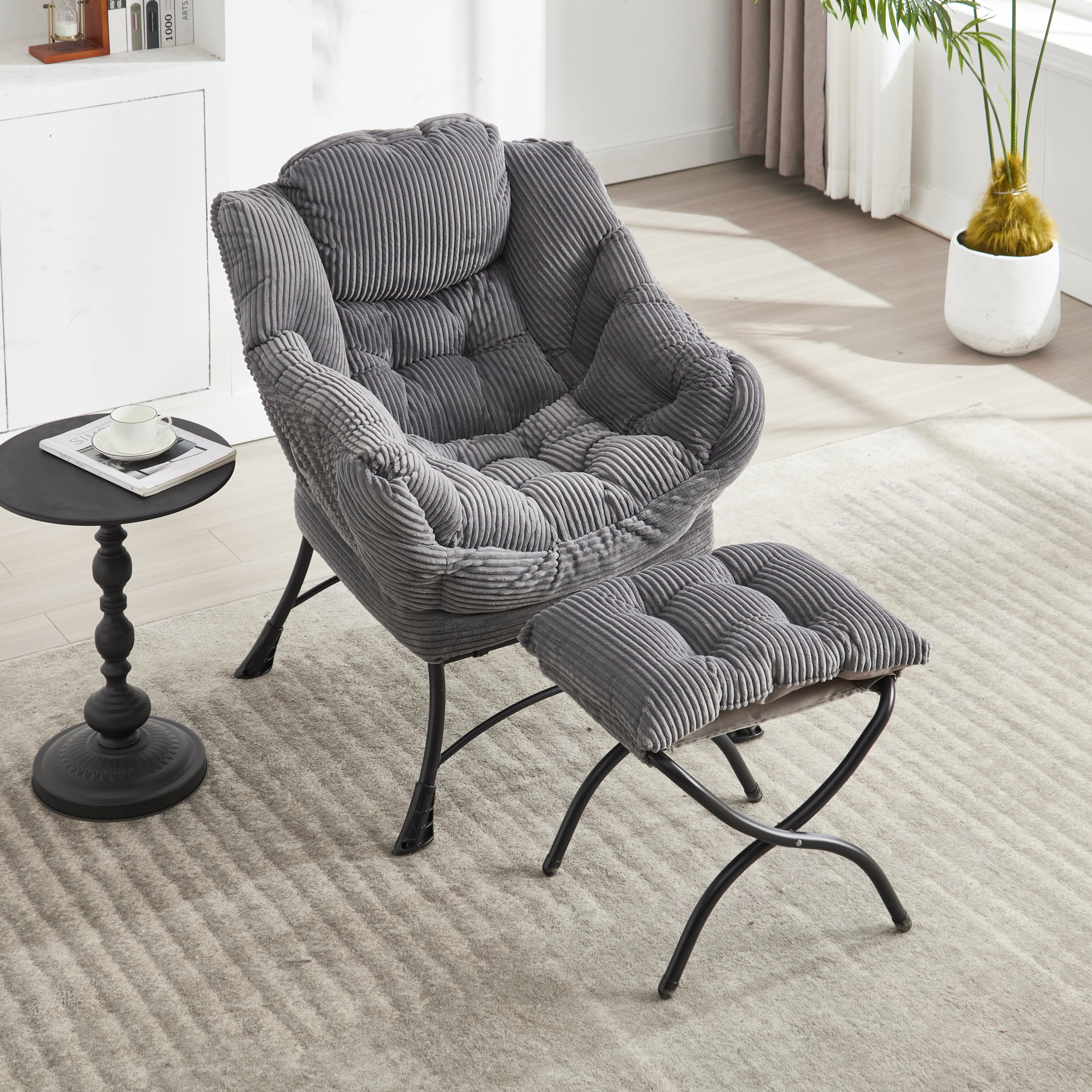 Lazy Chair with Ottoman, Modern Lounge Accent Chair with Armrests and a Side Pocket, Leisure Upholstered Sofa Chair Reading Chair with Footrest for Small Space, Corner Chair-Grey - Grand Goldman Shop