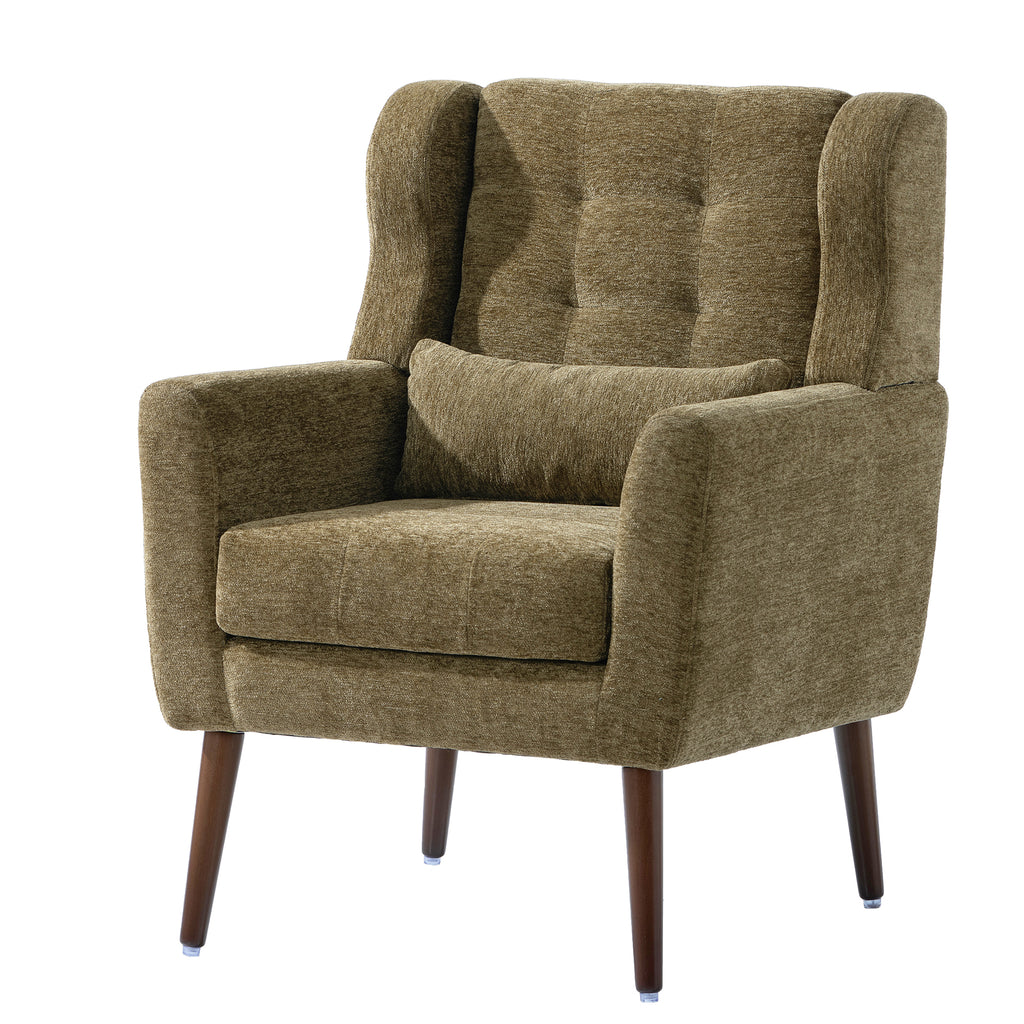 Modern Accent Chair, Chenille Arm Chairs for Living Room, Upholstered Modern Armchair, Comfy Soft Padded Lounge Chair in Small Space, Bedroom, w/Pillow, Solid Wood Leg, Olive Green - Grand Goldman Shop