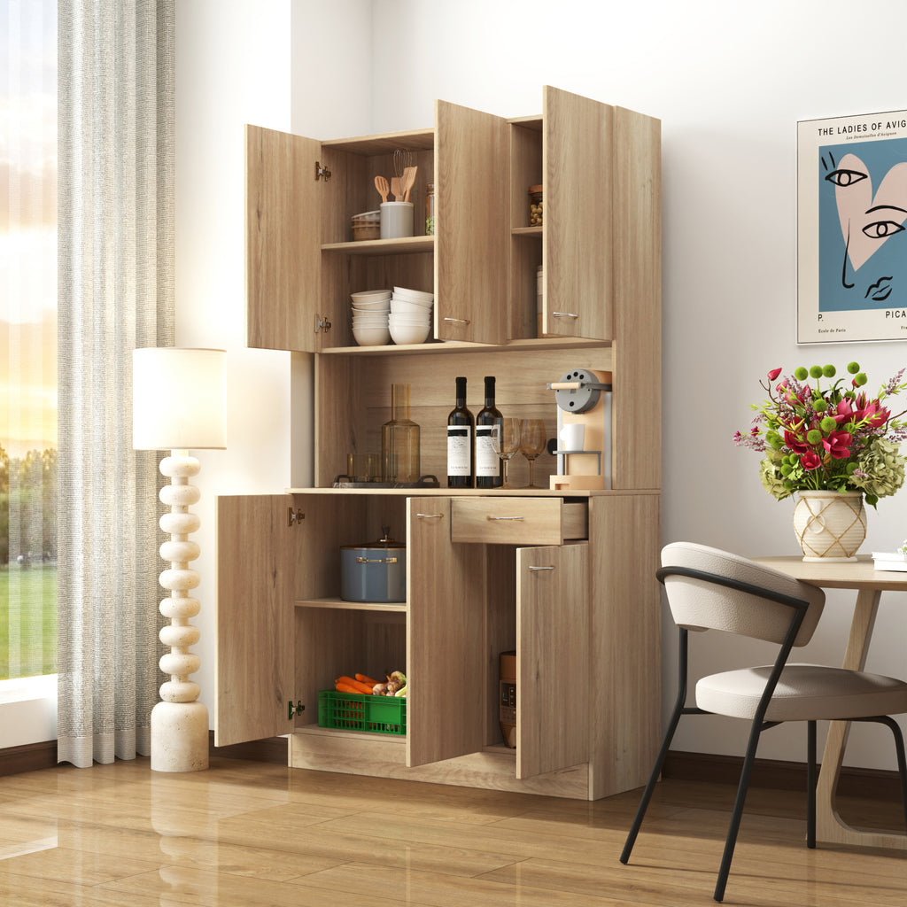 70.87' Tall Wardrobe& Kitchen Cabinet, with 6-Doors, 1-Open Shelves and 1-Drawer for bedroom,Rustic Oak - Grand Goldman Shop