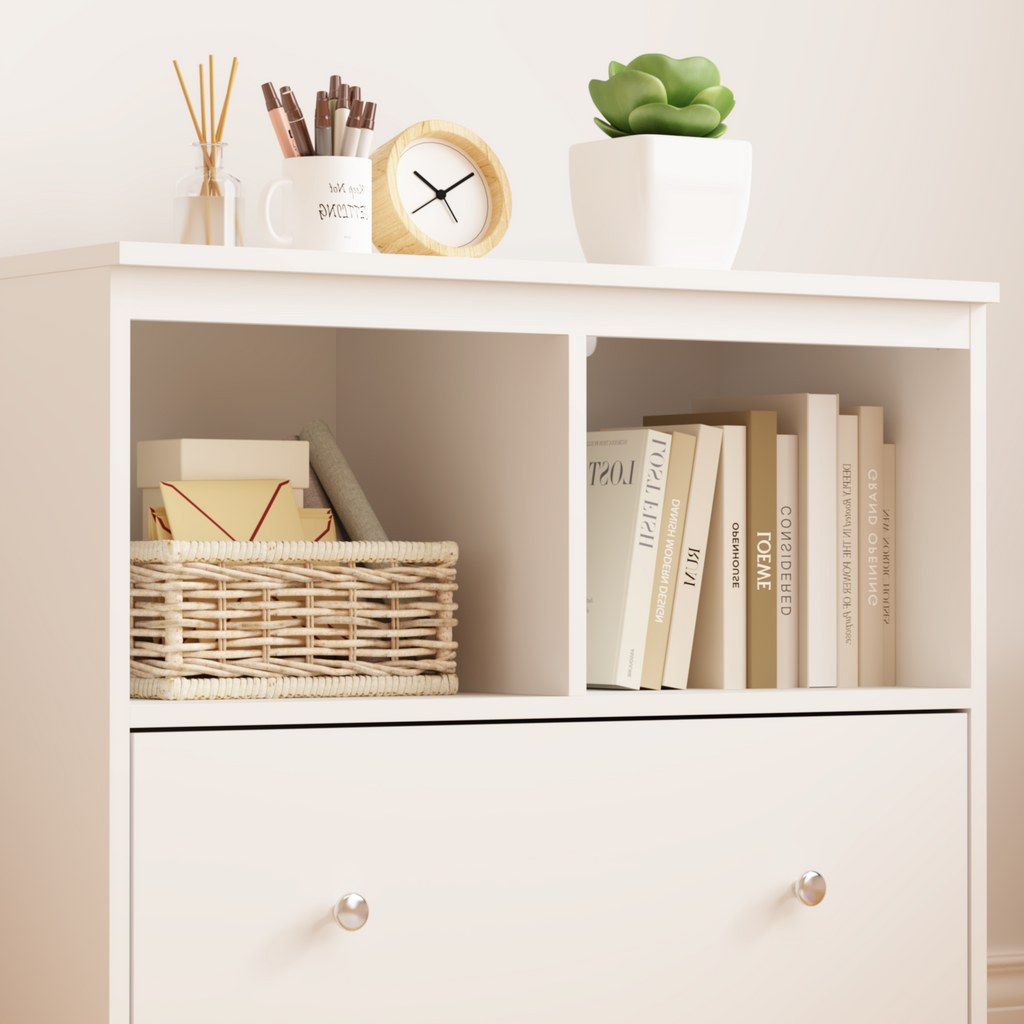 White Wooden Kids Toy Storage Organizer with Large Drawer and Low Bookshelf for Nursery & Playroom, Engineered Wood Cabinet f