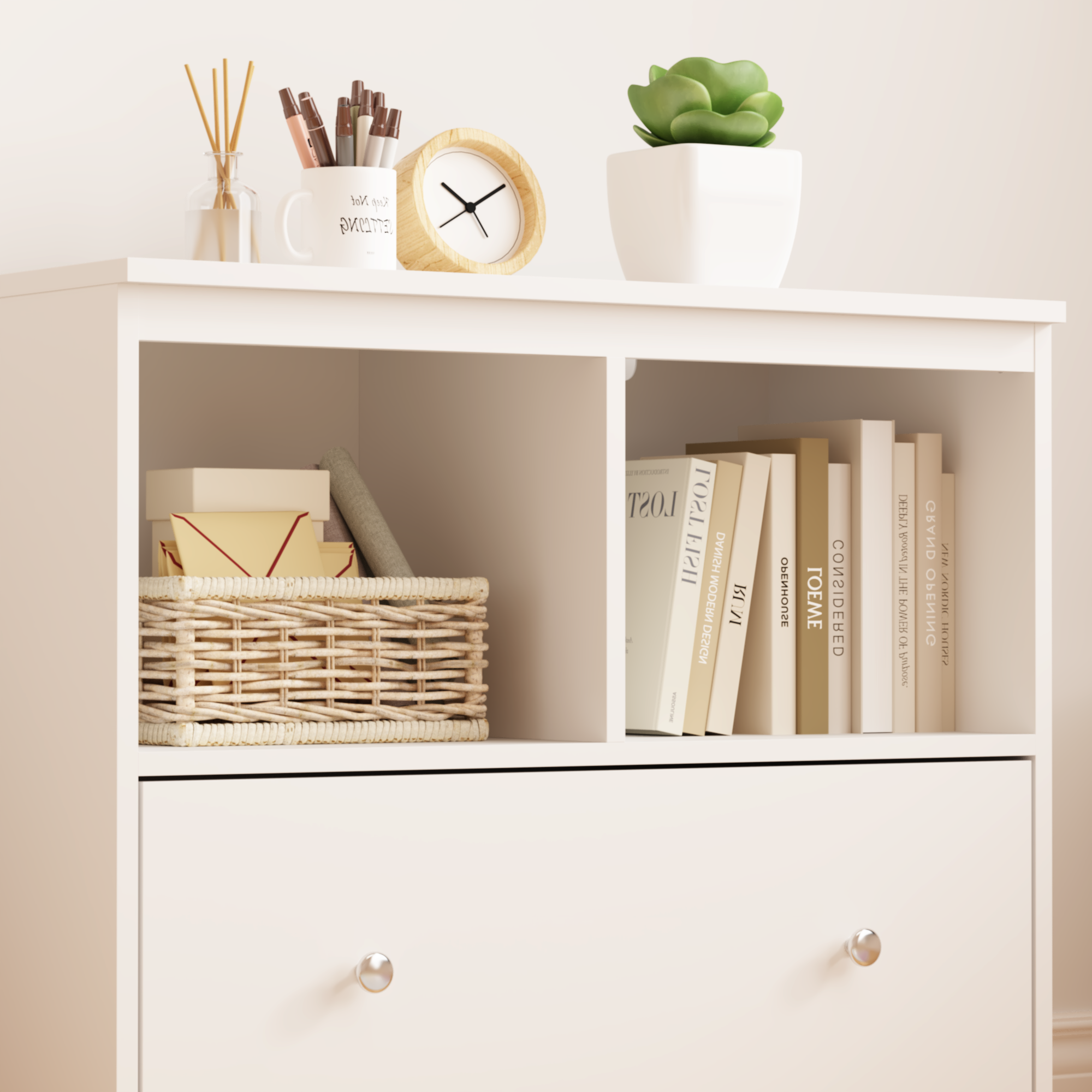 White Wooden Kids Toy Storage Organizer with Large Drawer and Low Bookshelf for Nursery & Playroom, Engineered Wood Cabinet f