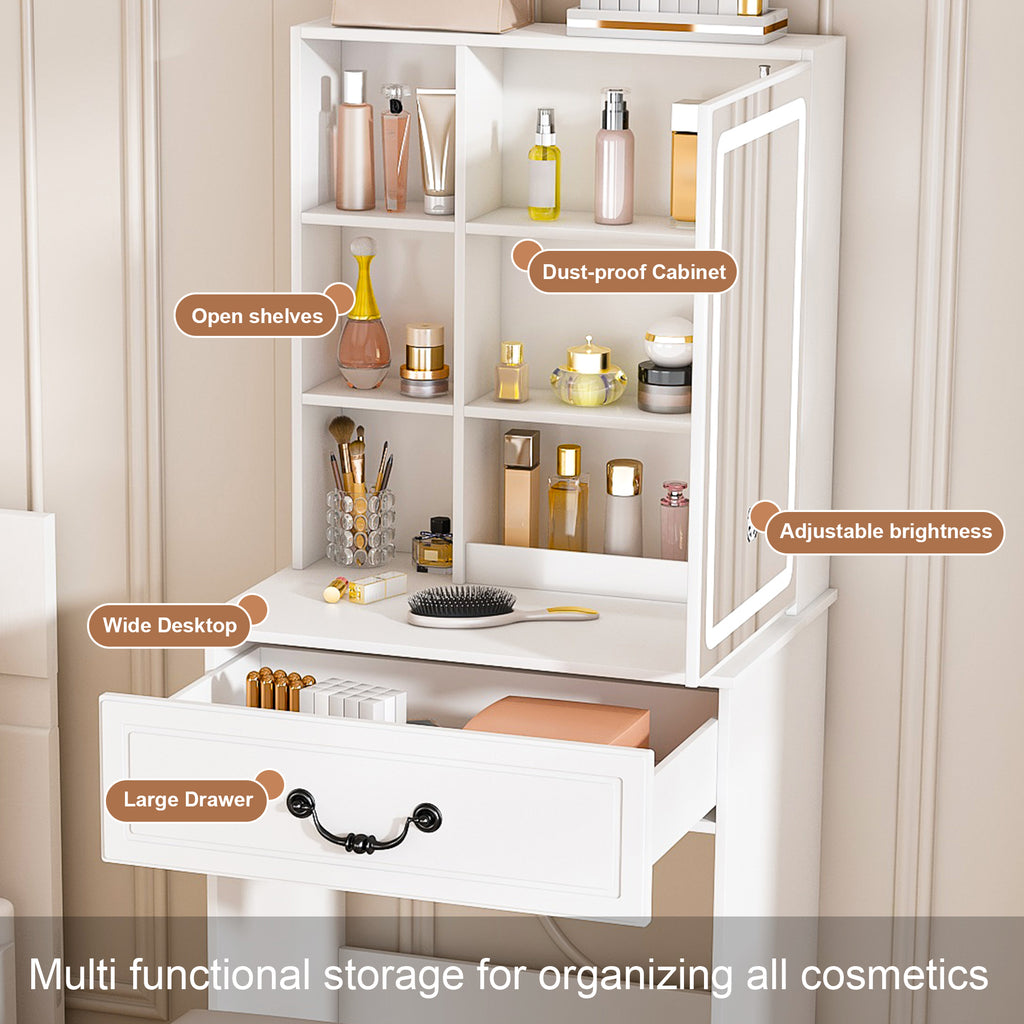 Modern Mini Dressing Table with LED-lit Mirror & Hidden Storage, Adjustable Brightness Vanity Desk, White - Grand Goldman Shop