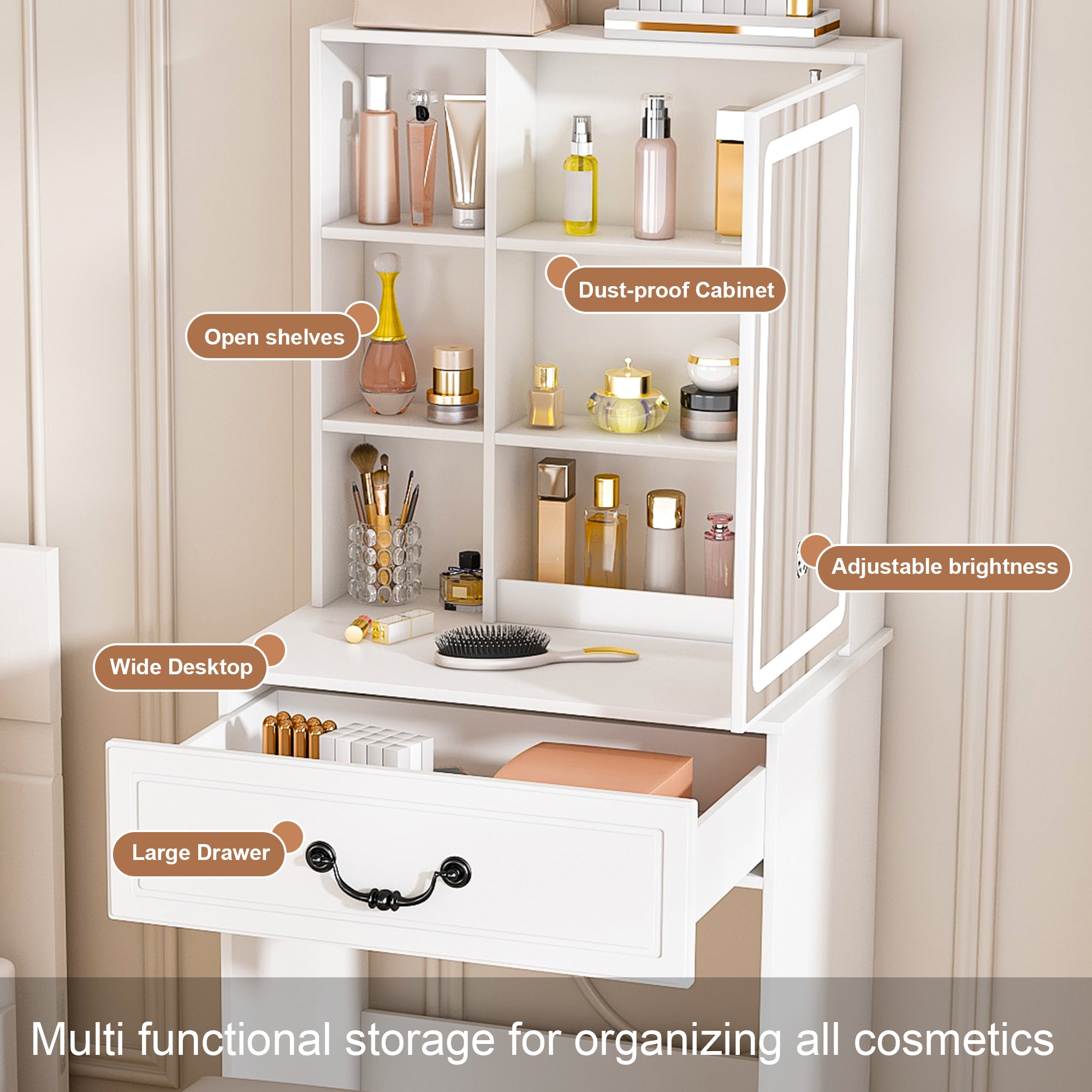 Modern Mini Dressing Table with LED-lit Mirror & Hidden Storage, Adjustable Brightness Vanity Desk, White - Grand Goldman Shop