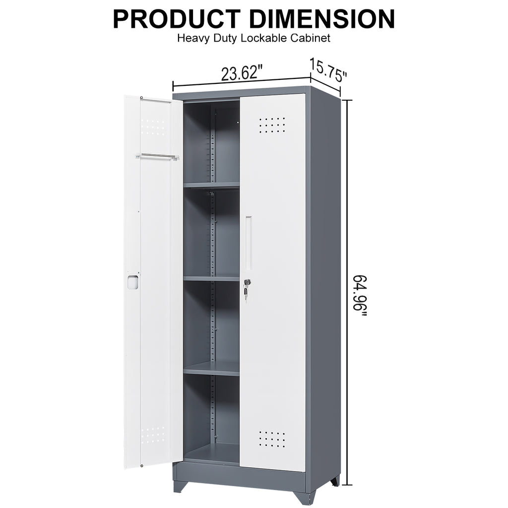 Heavy Duty Grey Metal Storage Cabinet with Locking Doors, Hanging Rod & Shelves, 65' H Broom Closet for Garage or Basement - 