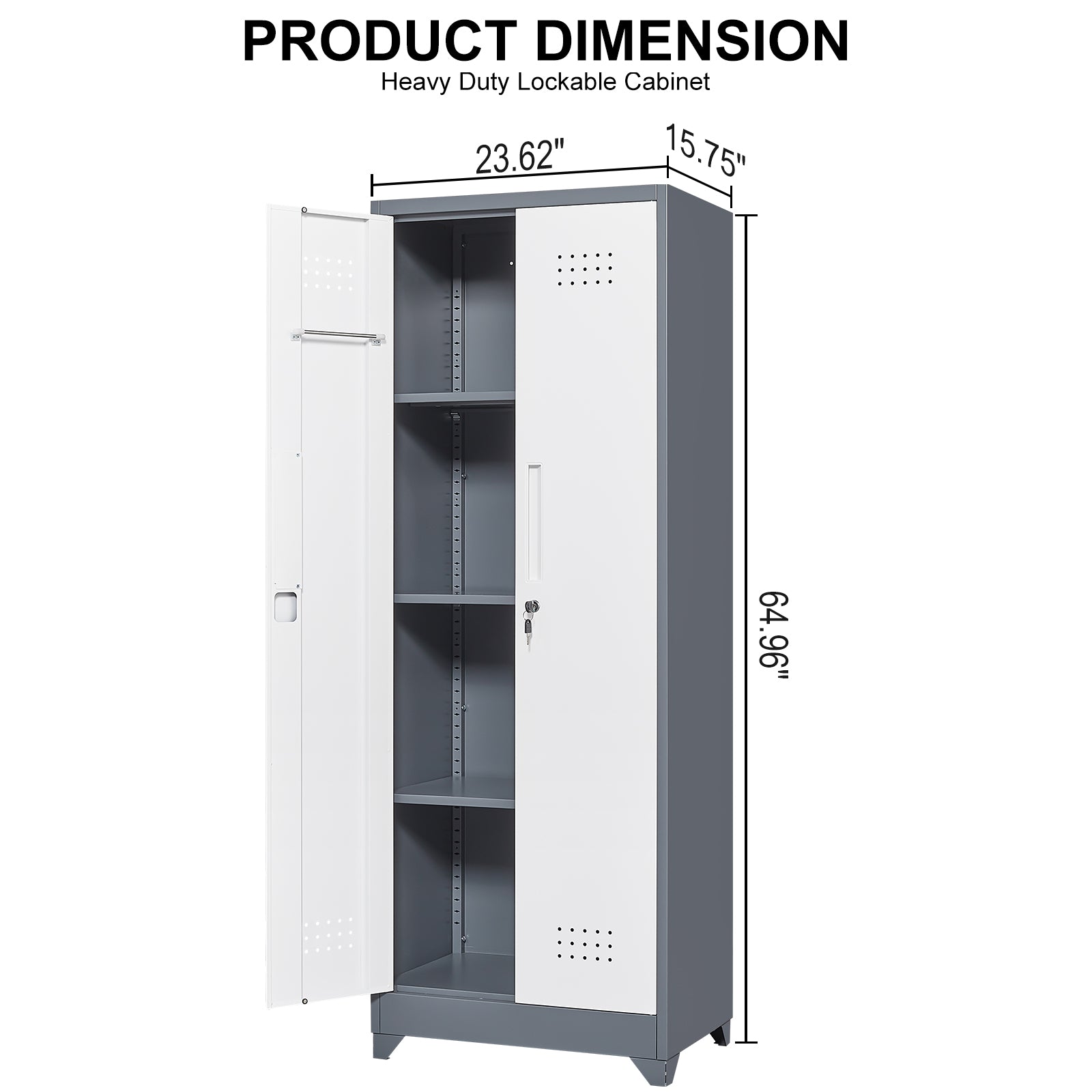 Heavy Duty Grey Metal Storage Cabinet with Locking Doors, Hanging Rod & Shelves, 65' H Broom Closet for Garage or Basement - 