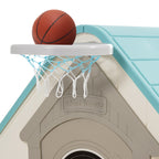 Outdoor Playhouse, 5-In-1 Cottage Play House with Pretend Play, Basketball, Darts, Soccer, Ring Toss, Window & Convenient Doo