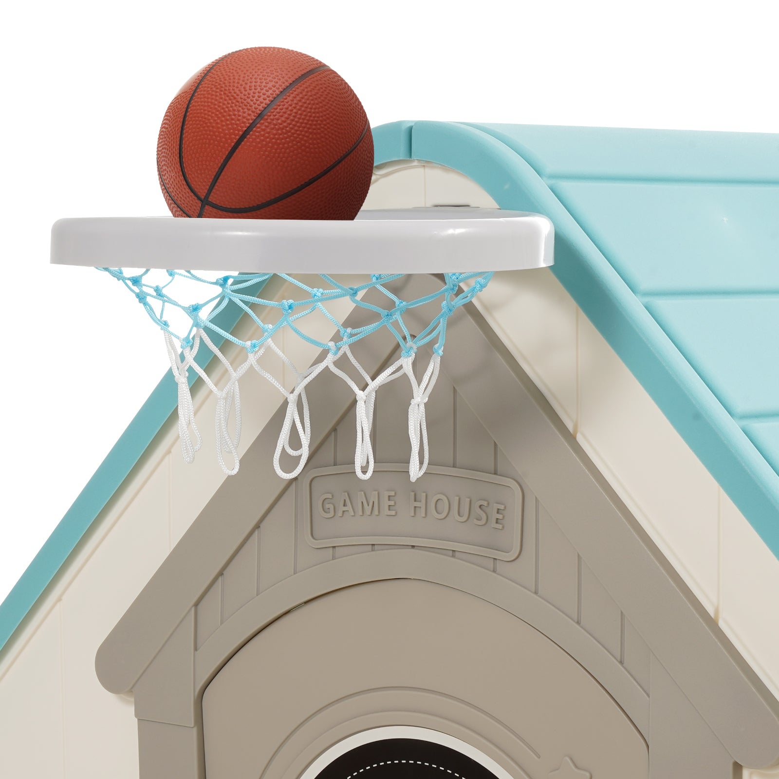 Outdoor Playhouse, 5-In-1 Cottage Play House with Pretend Play, Basketball, Darts, Soccer, Ring Toss, Window & Convenient Doo