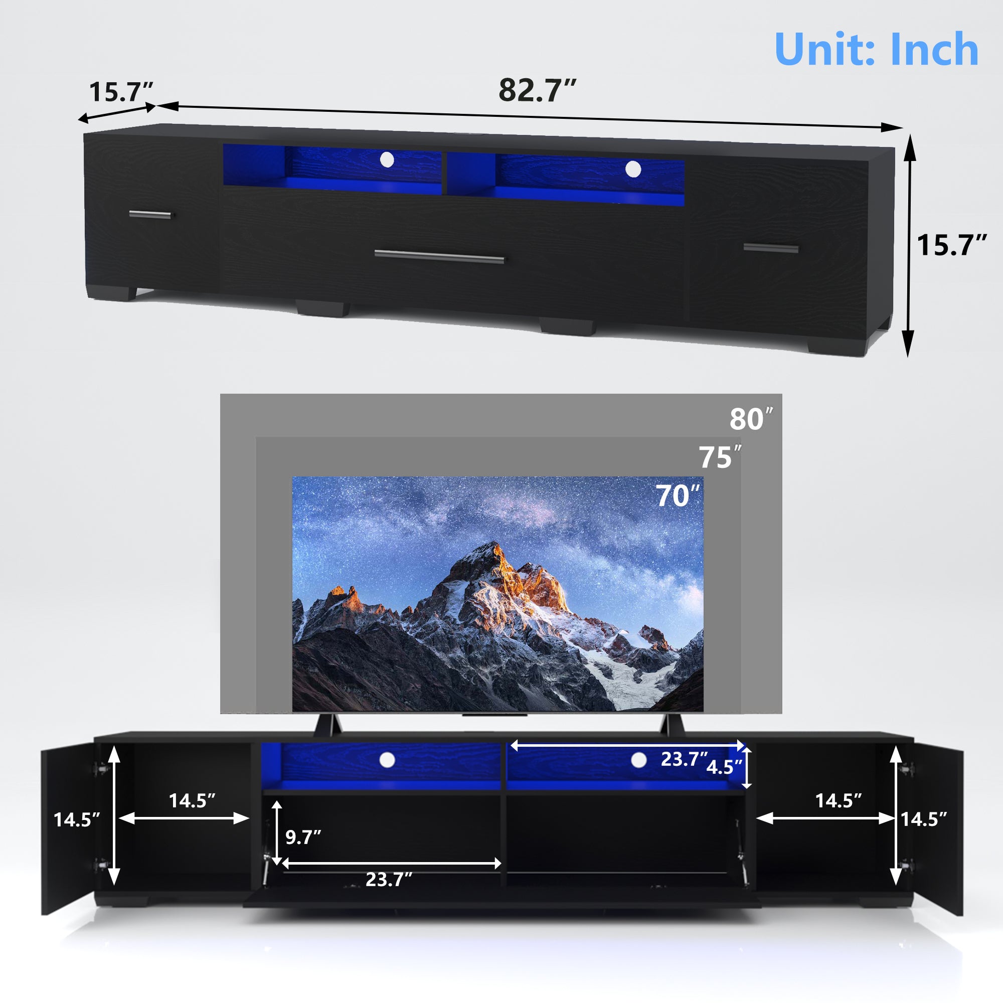 [Video] TV Console with Storage Cabinets, Remote, APP Control Long LED TV Stand, Full RGB Color Selection, 31 Modes Changing Lights Modern Entertainment Center with Power Cord (Black, for 80 inches) - Grand Goldman Shop