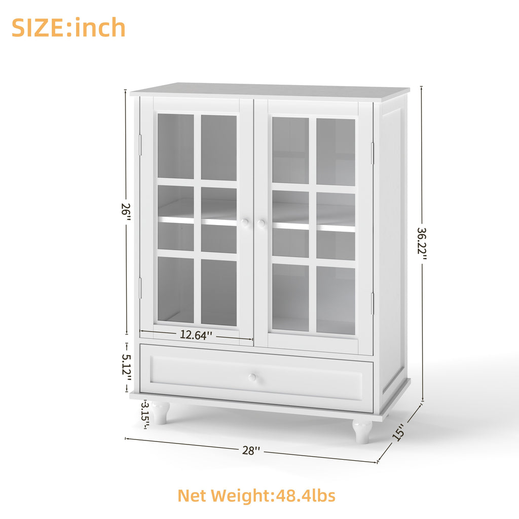 Minimalist White Buffet Cabinet with Double Glass Doors and Drawer, Modern Wooden Storage Sideboard Cupboard for Living room, Dining Room Hallway Entryway - Grand Goldman Shop