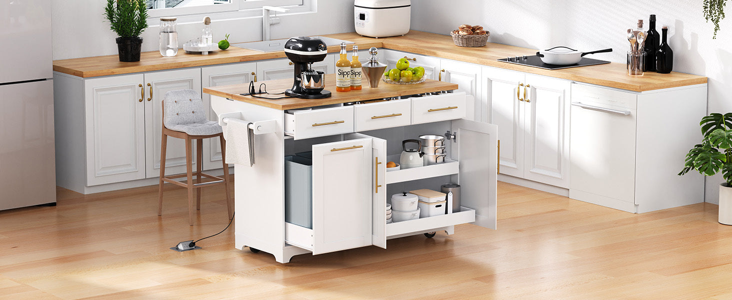 K&K 59.3' Kitchen Island with Storage 2 Pull Out Cabinet Organizers & Rubber Wood Drop Leaf, Rolling Kitchen Island with Trash Can Storage, Power Outlet, Spice & Towel Rack for Kitchen, Dining, White - Grand Goldman Shop