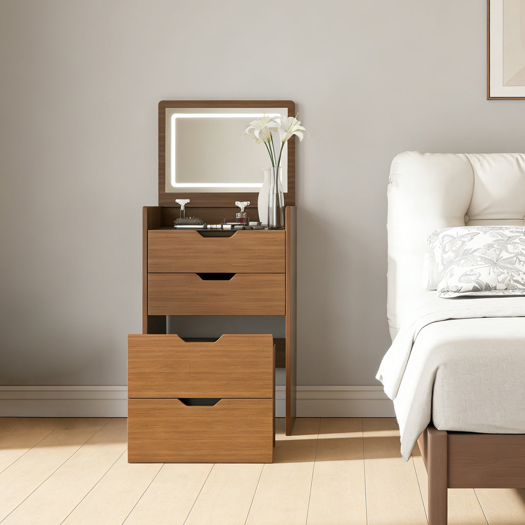 3-in-1 Vanity Desk with Lighted Mirror & Stool, Flip Top Makeup Dressing Table in Walnut Finish, Compact Storage for Bedroom or Bathroom - Grand Goldman Shop
