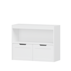 White Book Organizer with Large Drawers and Open Shelves, MDF Toy Storage Cabinet with Removable Wheels and Rounded Edges - G