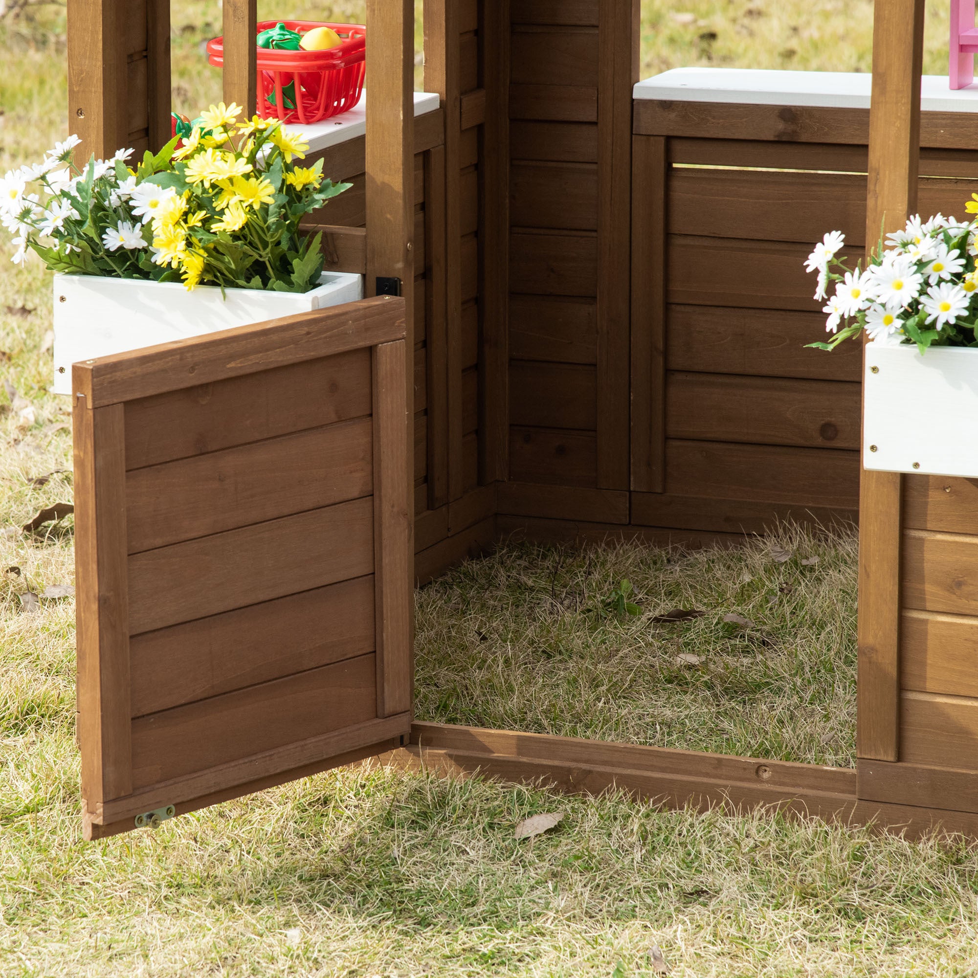 Outsunny Kids Wooden Playhouse, Outdoor Garden Games Cottage, with Working Door, Windows, Flowers Pot Holder, 47' x 38' x 54'