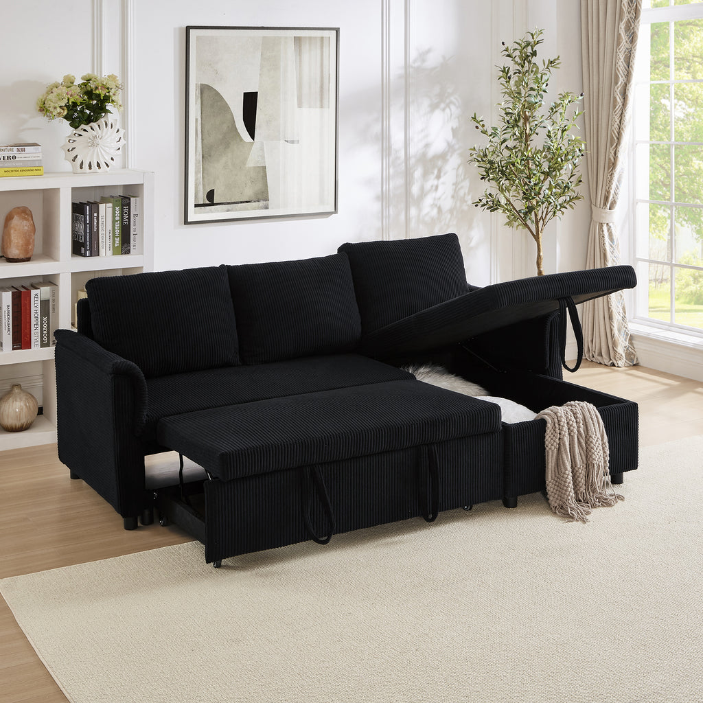 Loveseat Sofa with Chaise Lounge L-Shaped Modular Convertible Sofa with Storage Chaise, Corduroy Tufted Upholstered Sleeper Sectional Sofa,Pull Out Sleep Couch Bed and Reclining Backrest-Black - Grand Goldman Shop