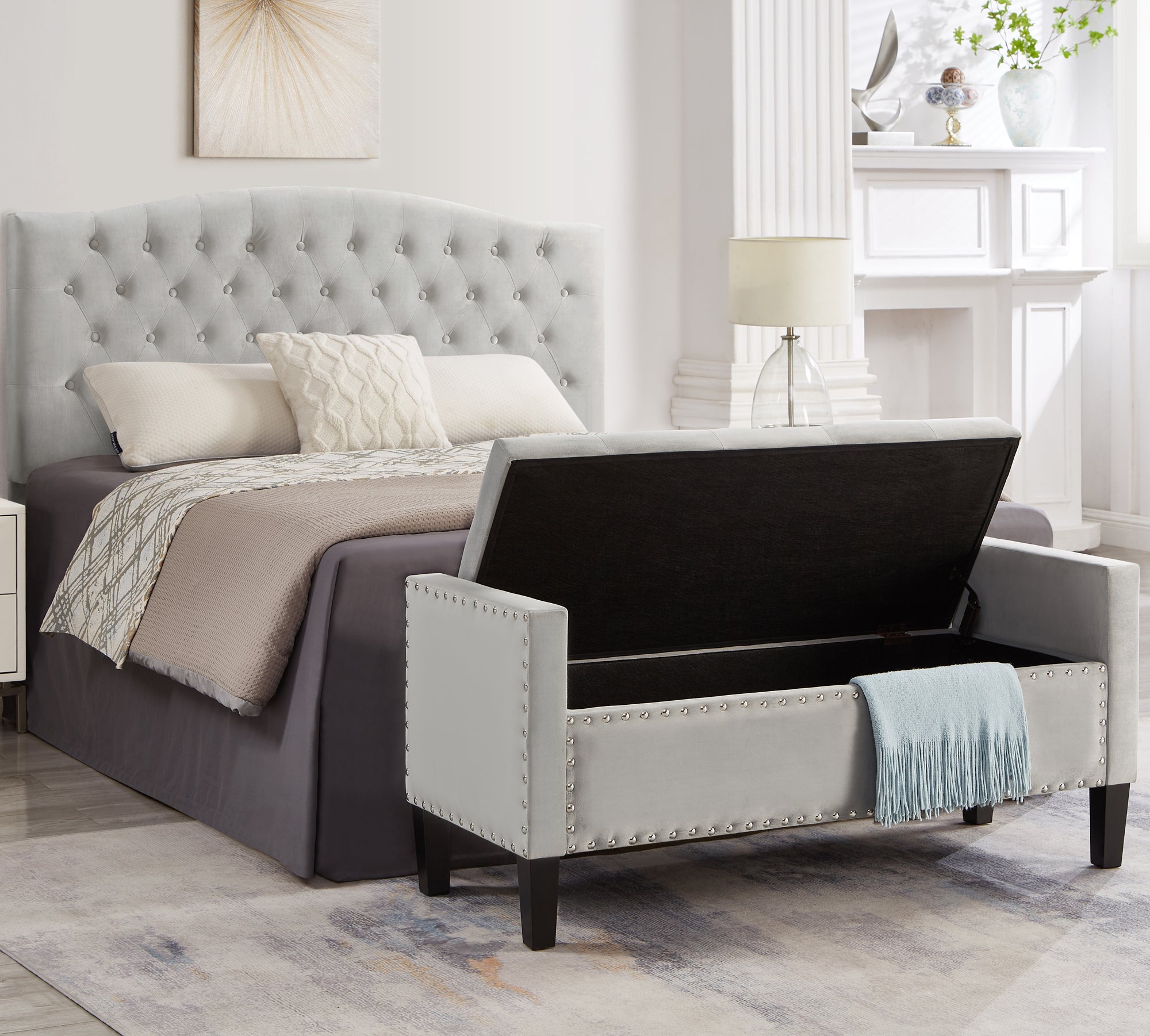 Upholstered Tufted Button Storage Bench with nails trim,Entryway Living Room Soft Padded Seat with Armrest,Bed Bench-Gray - Grand Goldman Shop