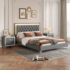 3-Pieces Bedroom Sets,Queen Size Upholstered Platform Bed with LED Lights and Two Nightstands-Gray - Grand Goldman Shop