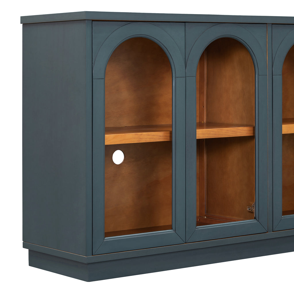 TREXM 4-Door Large Storage Buffet Cabinet with Glass Doors, Arched Cabinet with Adjustable Shelves for Kitchen, Dining Room and Living Room (Navy) - Grand Goldman Shop